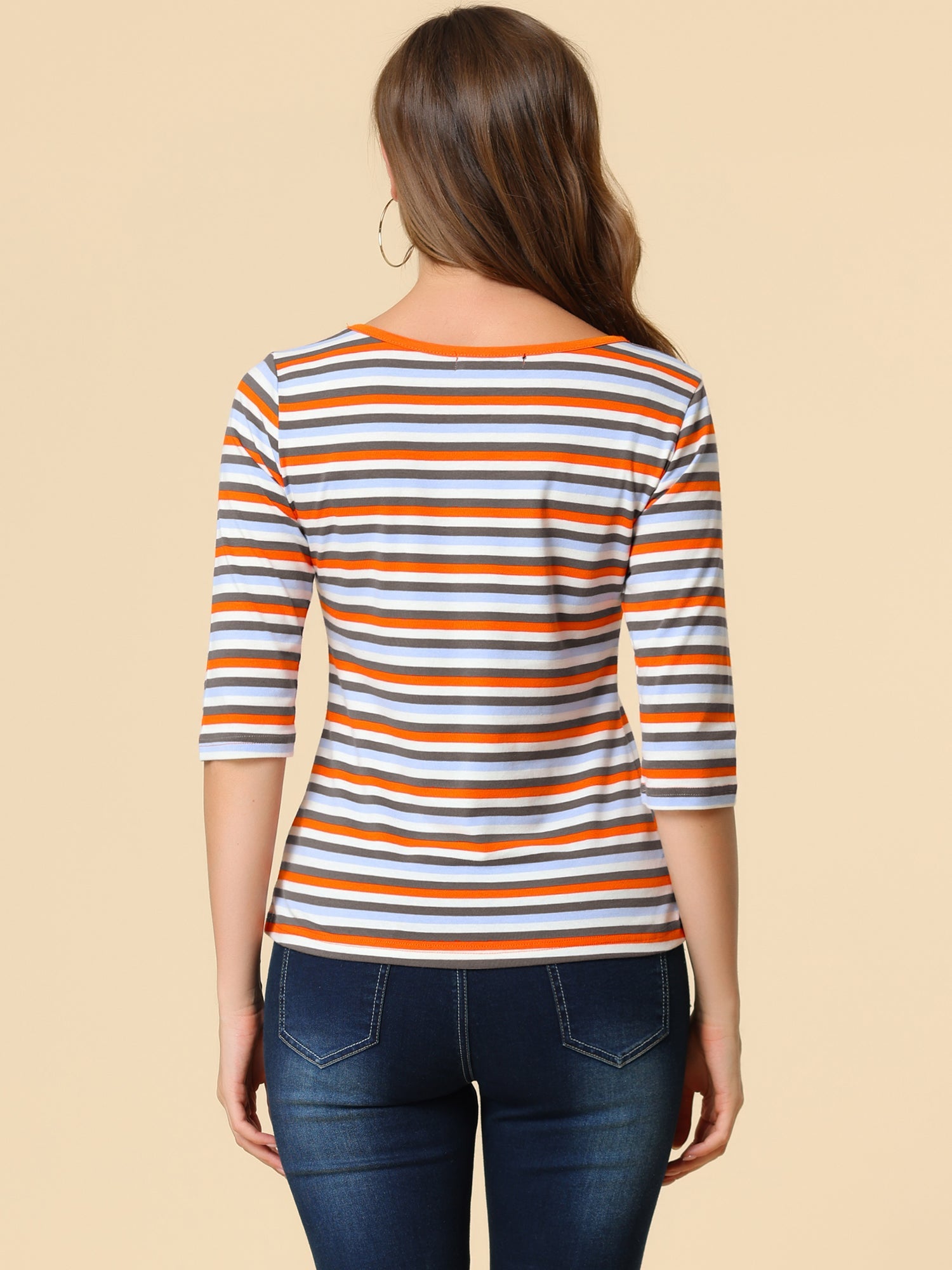 3/4 Sleeve Round Neck Casual Striped T-Shirt