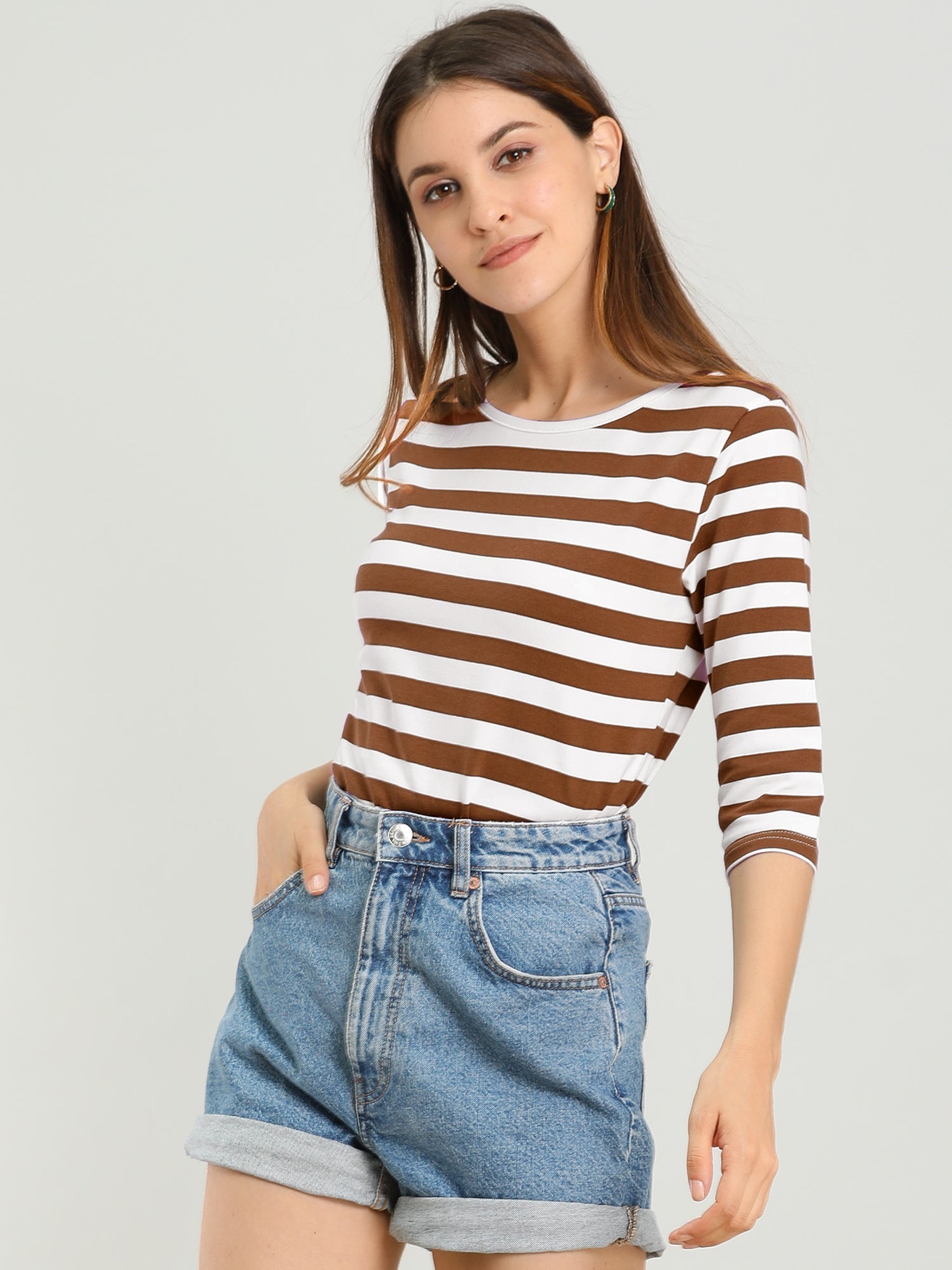 3/4 Sleeve Round Neck Casual Striped T-Shirt