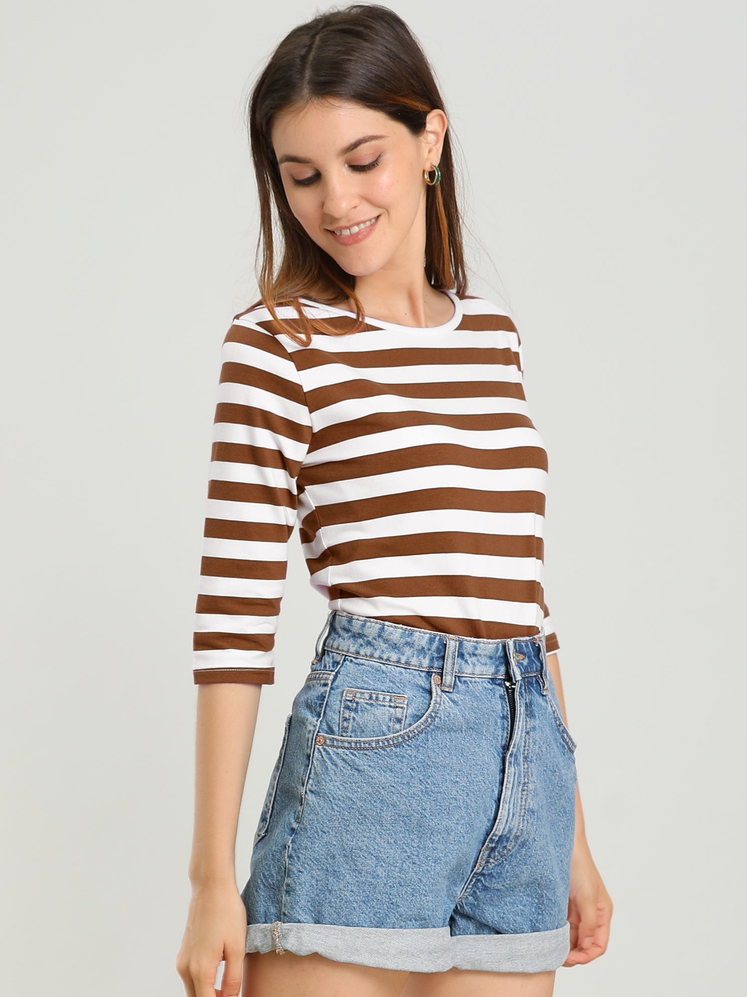 3/4 Sleeve Round Neck Casual Striped T-Shirt