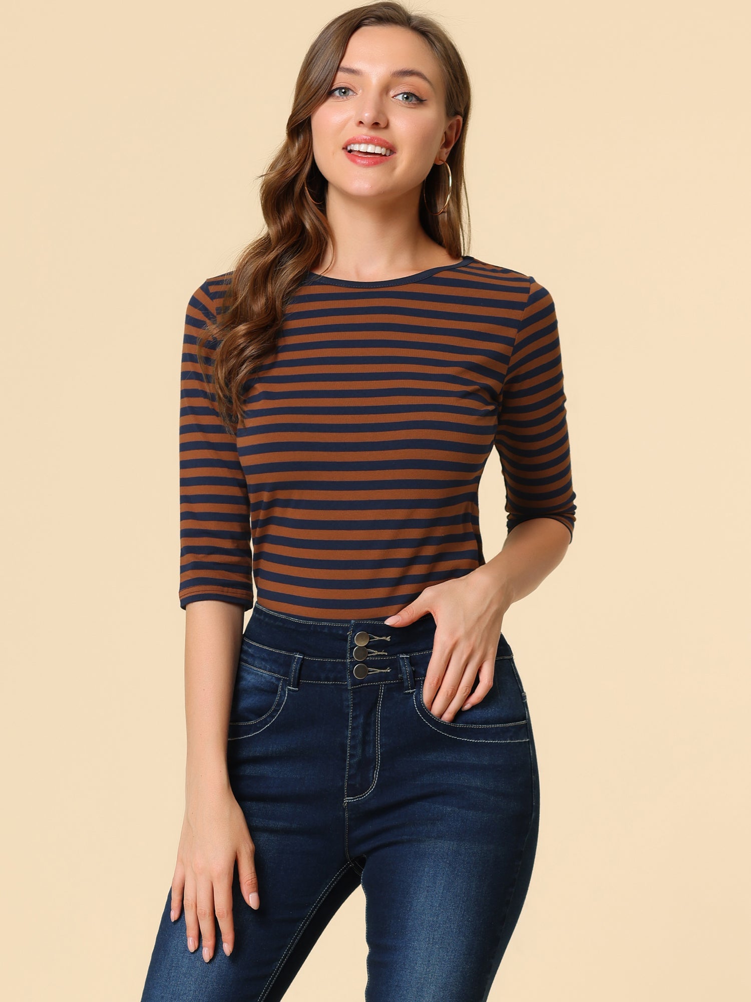 Striped 3/4 Sleeve Round Neck Casual T-Shirt