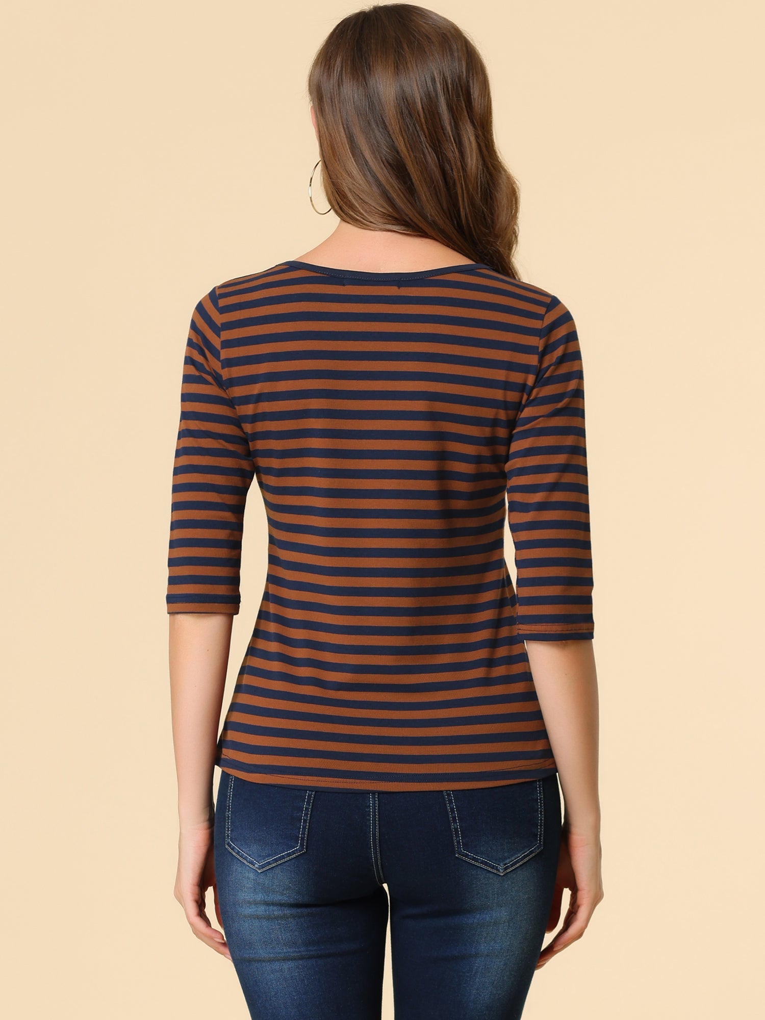 Striped 3/4 Sleeve Round Neck Casual T-Shirt