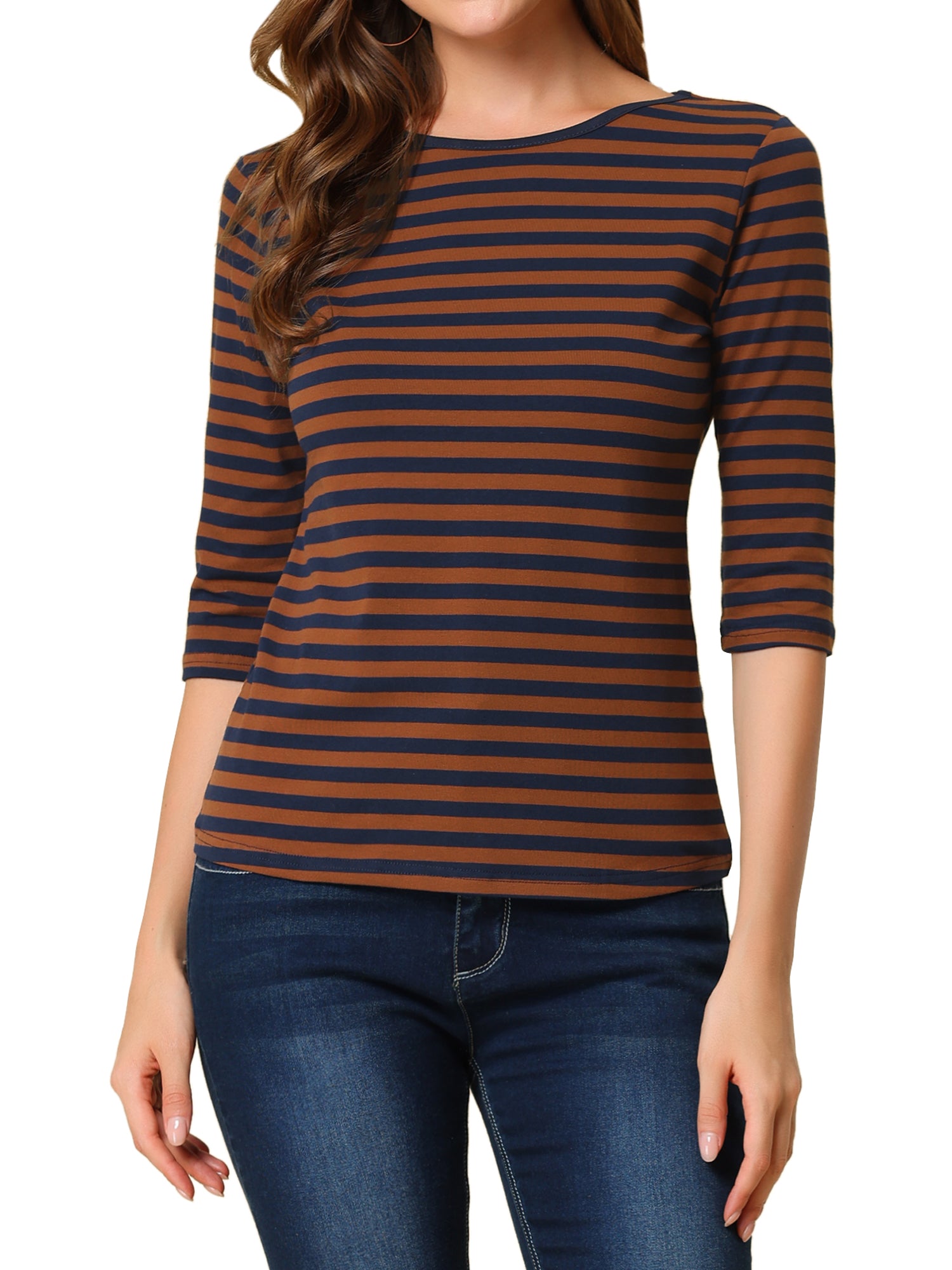Striped 3/4 Sleeve Round Neck Casual T-Shirt