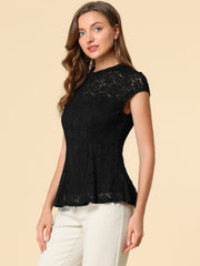 Crochet Peplum Floral Mock Neck Cap Sleeve Lace Blouse