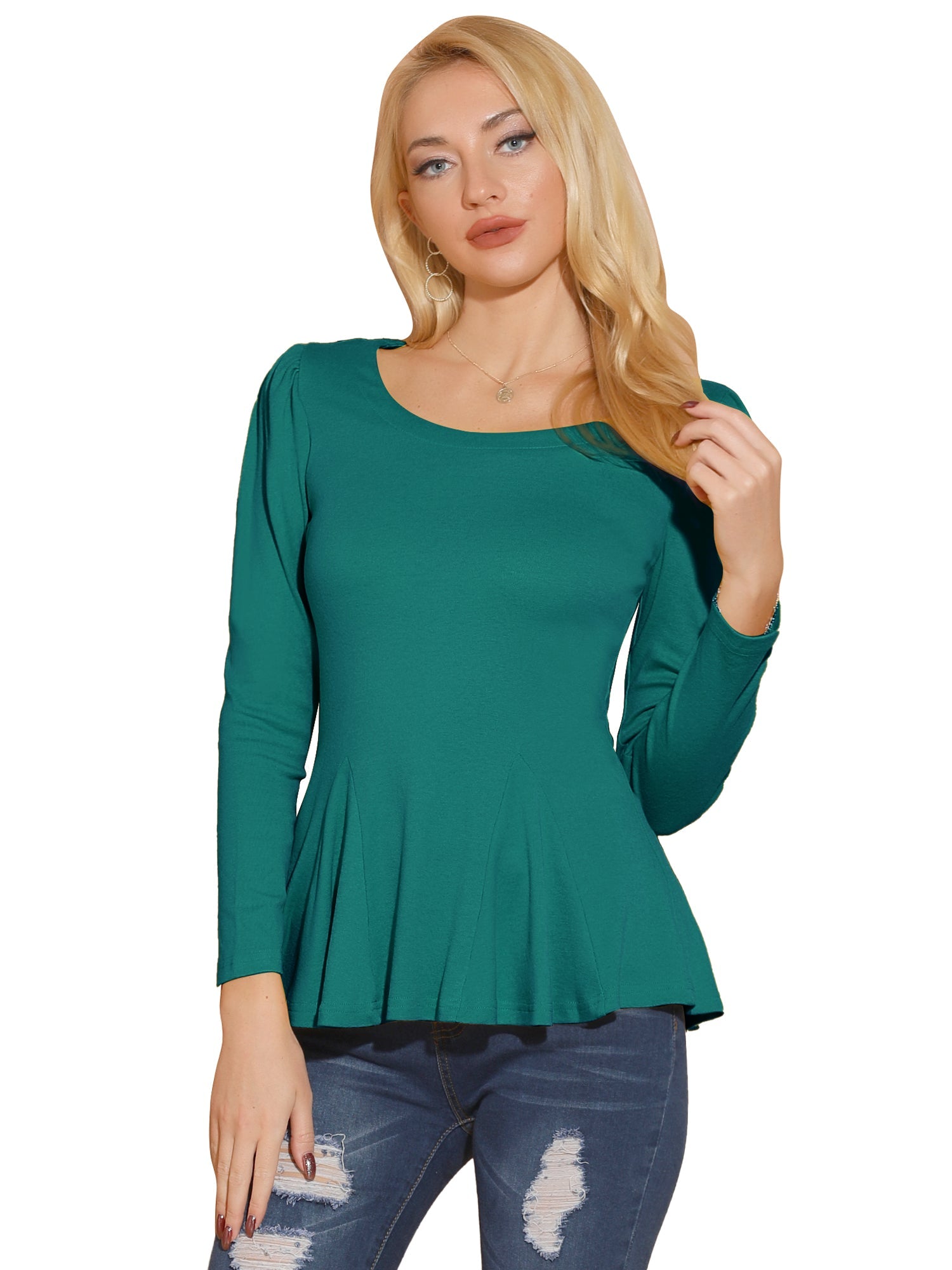 Long Sleeve Scoop Neck Casual Peplum Blouse