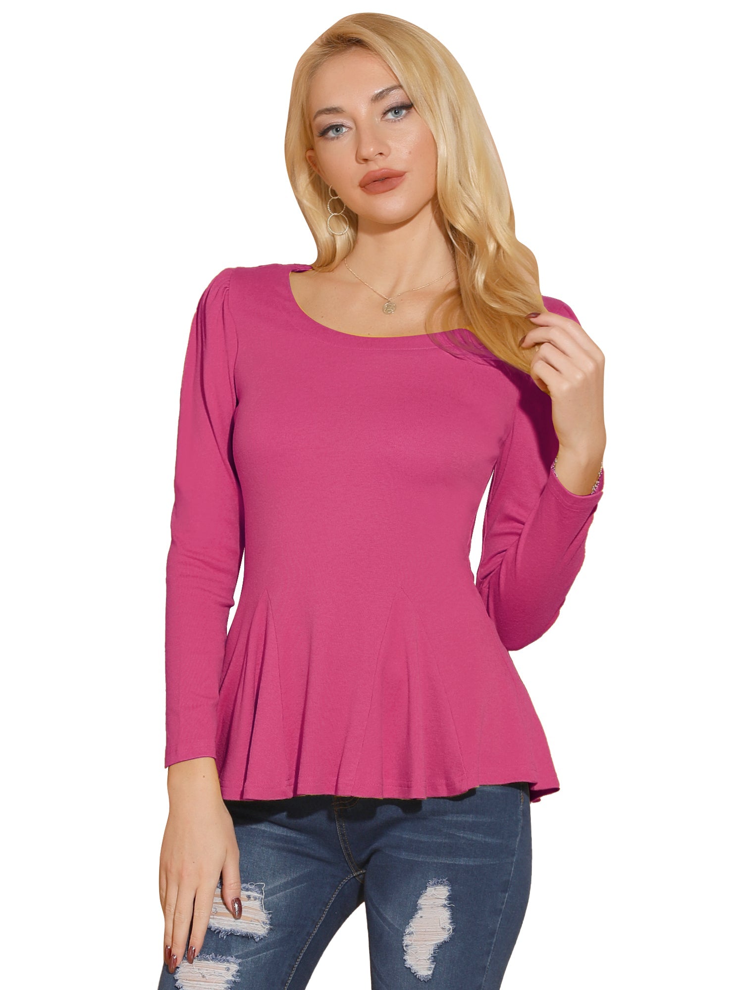 Long Sleeve Scoop Neck Casual Peplum Blouse