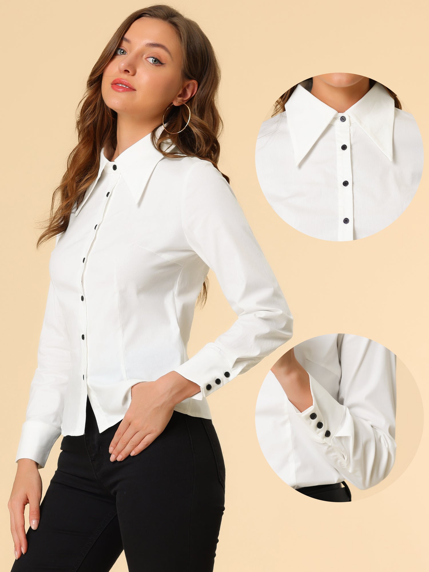 Work Office Button Down Shirt Point Collar Long Sleeve Top