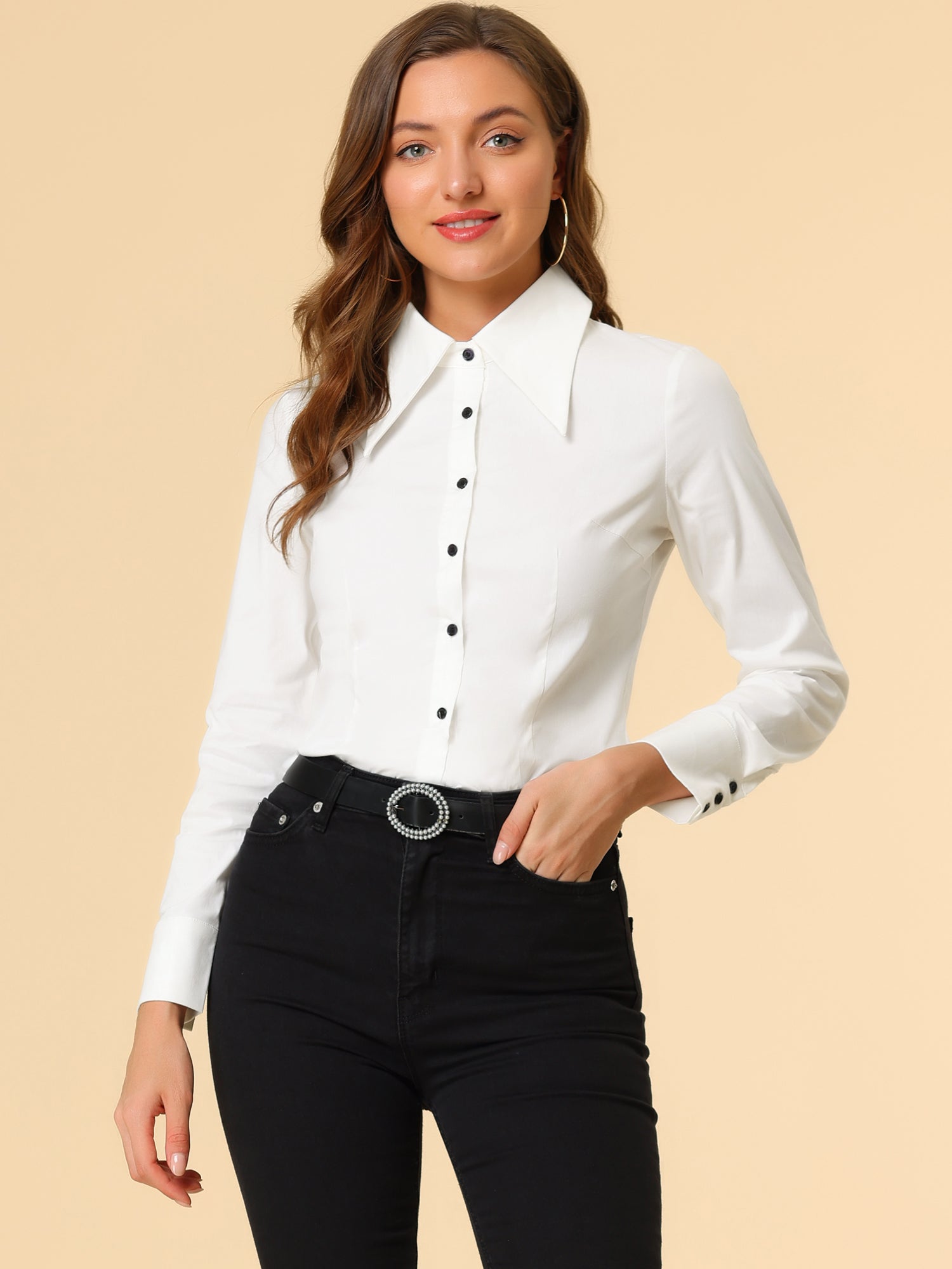 Work Office Button Down Shirt Point Collar Long Sleeve Top