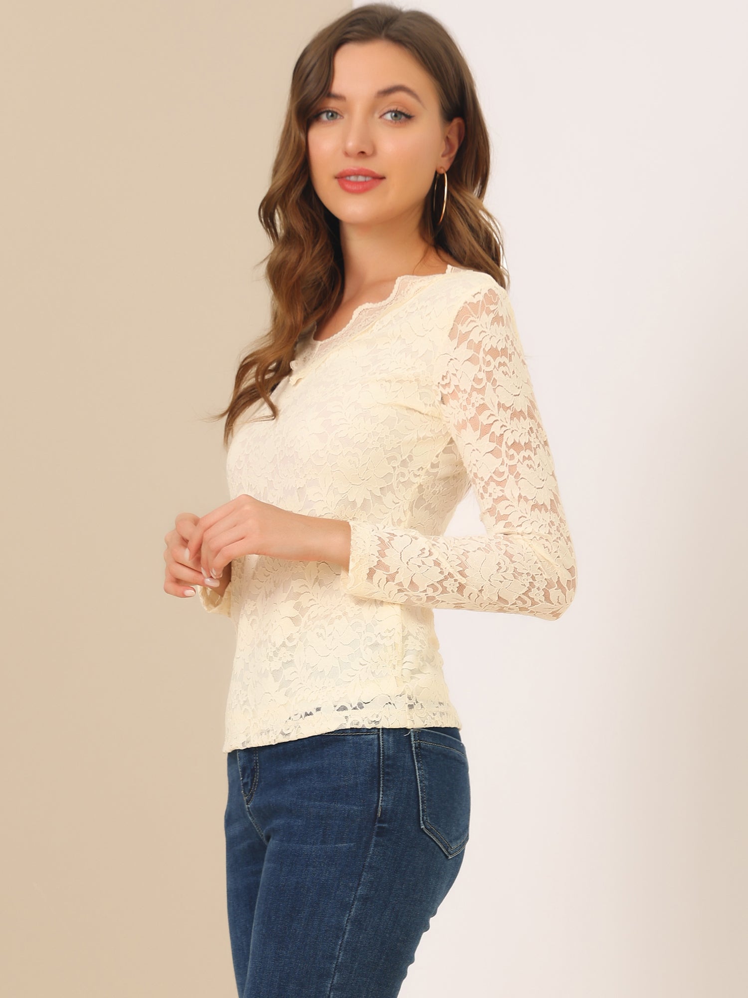 Floral Embroidery Sheer Long Sleeve Lace Blouse Top