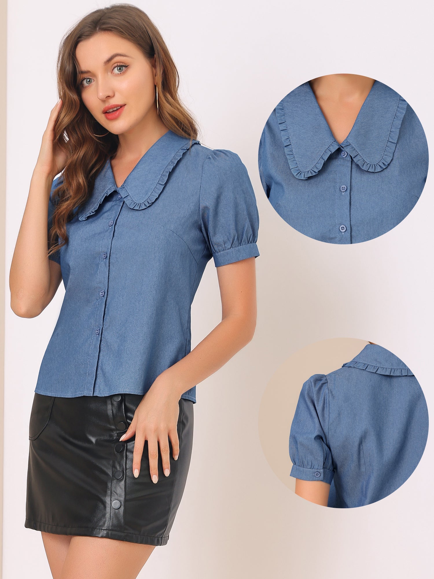 Chambray Shirt Peter Pan Collar Puff Sleeve Vintage Denim Blouse