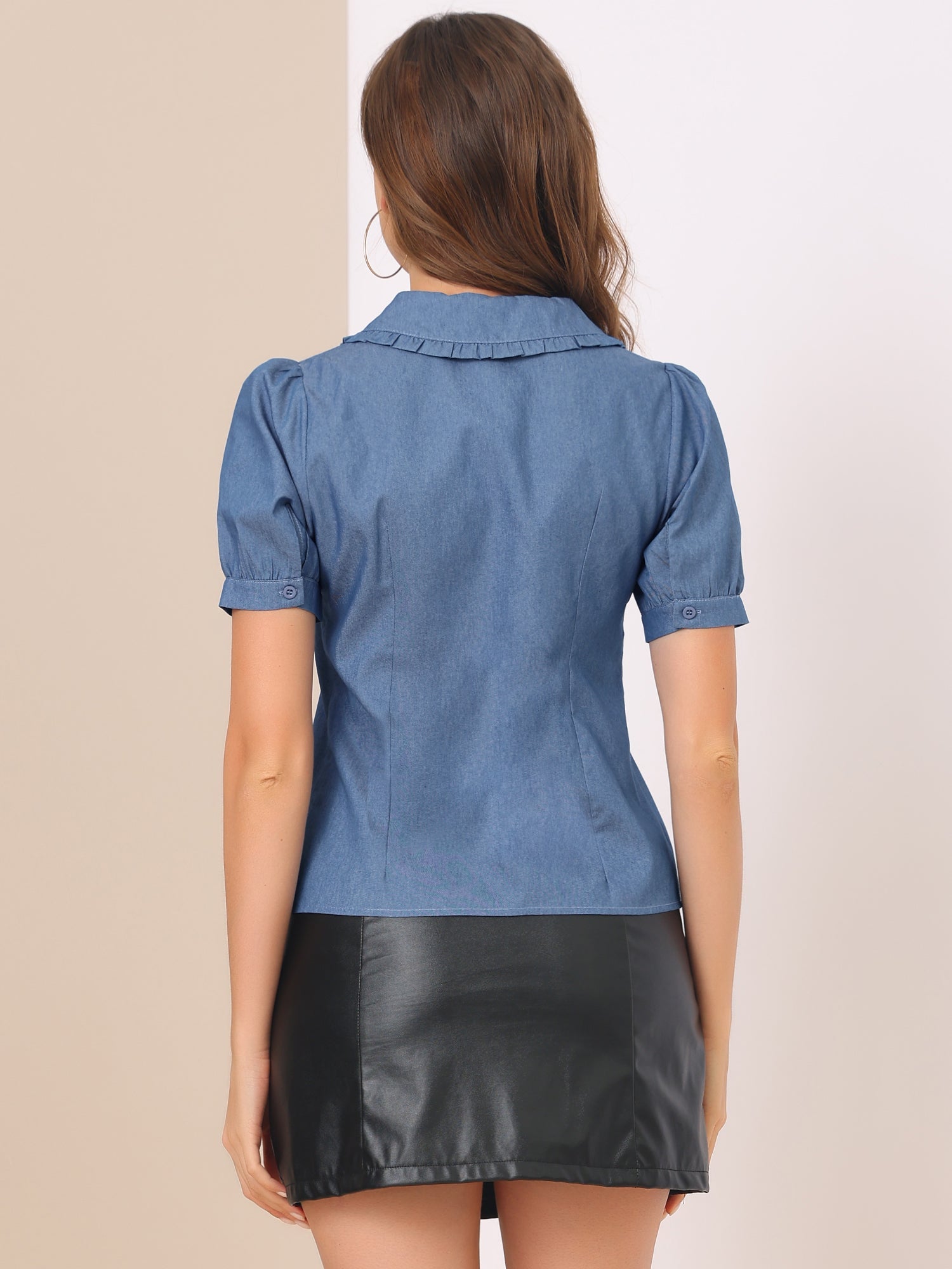 Chambray Shirt Peter Pan Collar Puff Sleeve Vintage Denim Blouse