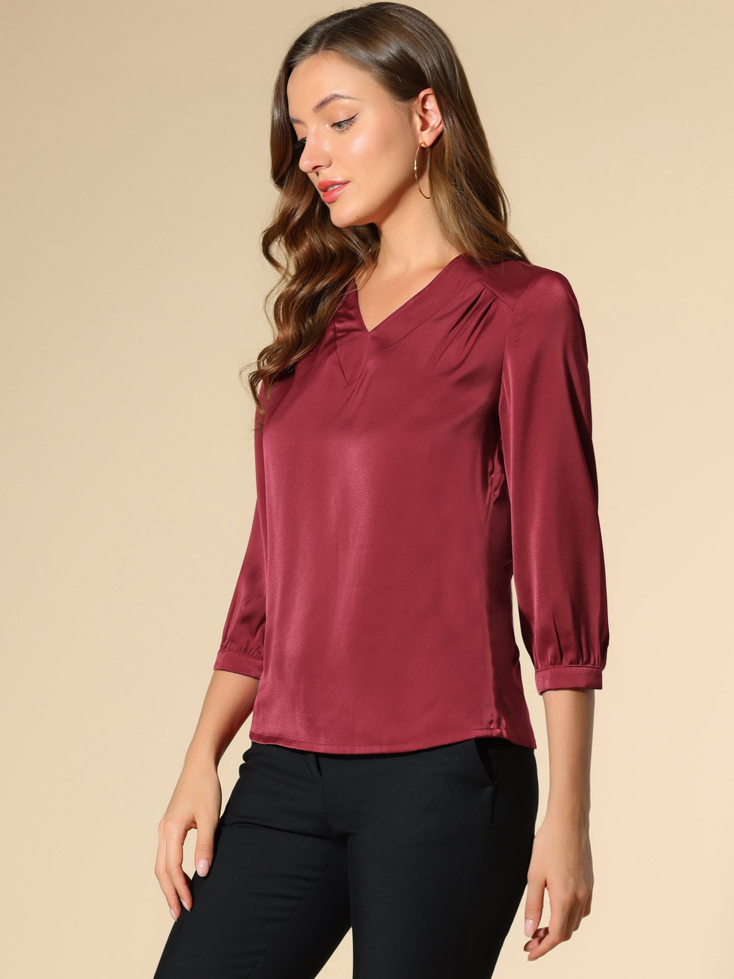 Casual Office Blouse 3/4 Sleeve V Neck Satin Shirt