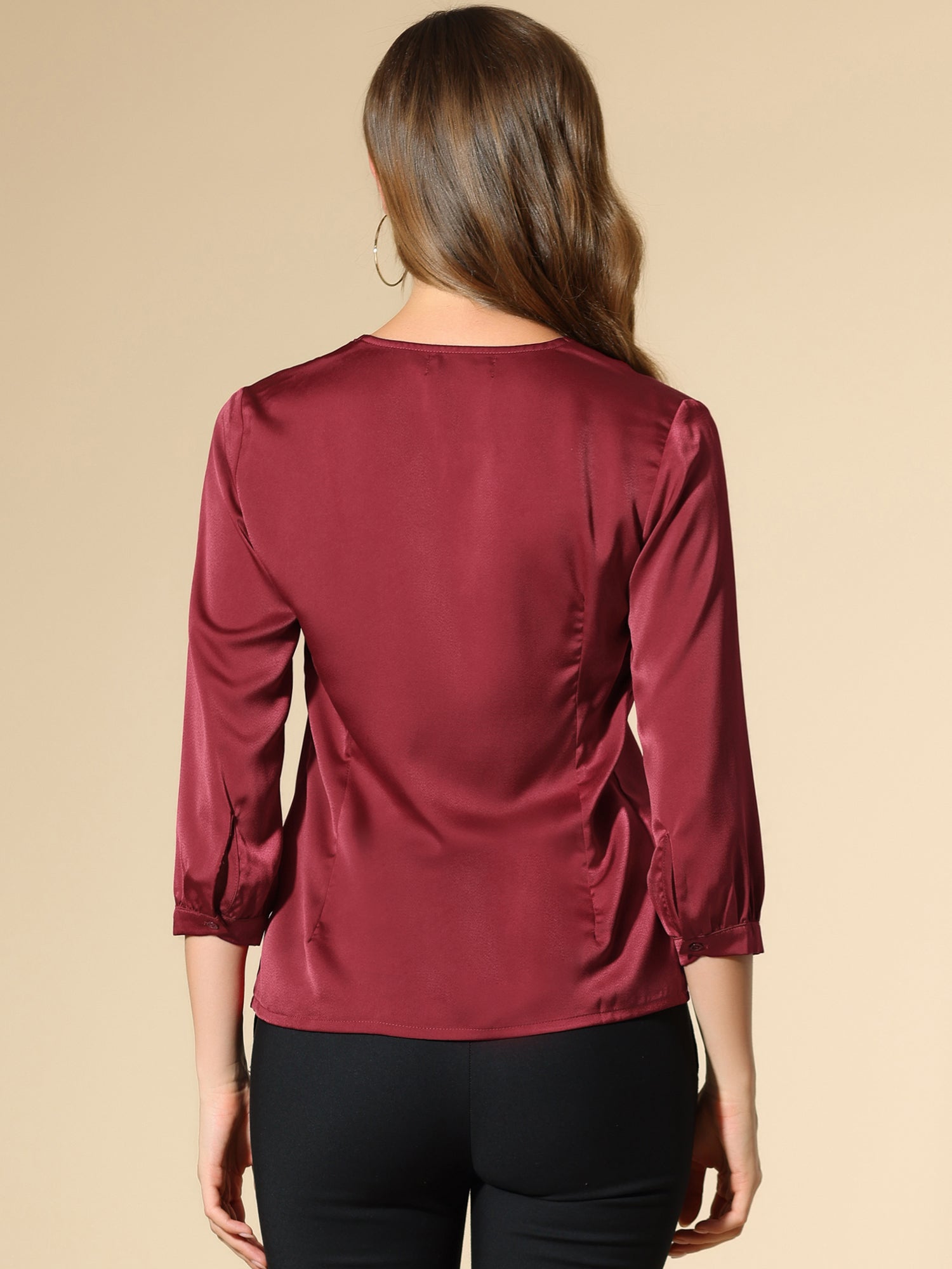 Casual Office Blouse 3/4 Sleeve V Neck Satin Shirt