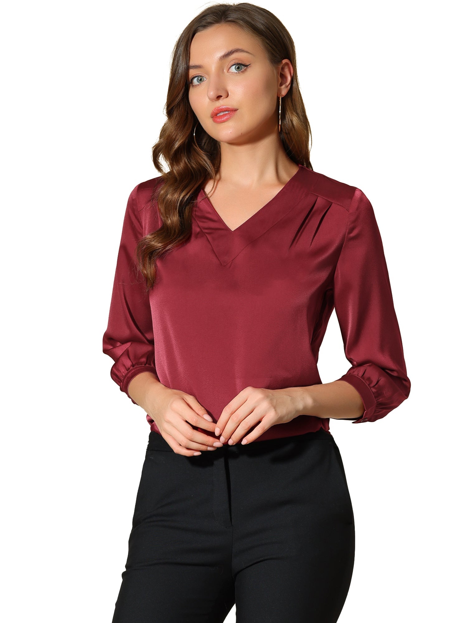 Casual Office Blouse 3/4 Sleeve V Neck Satin Shirt