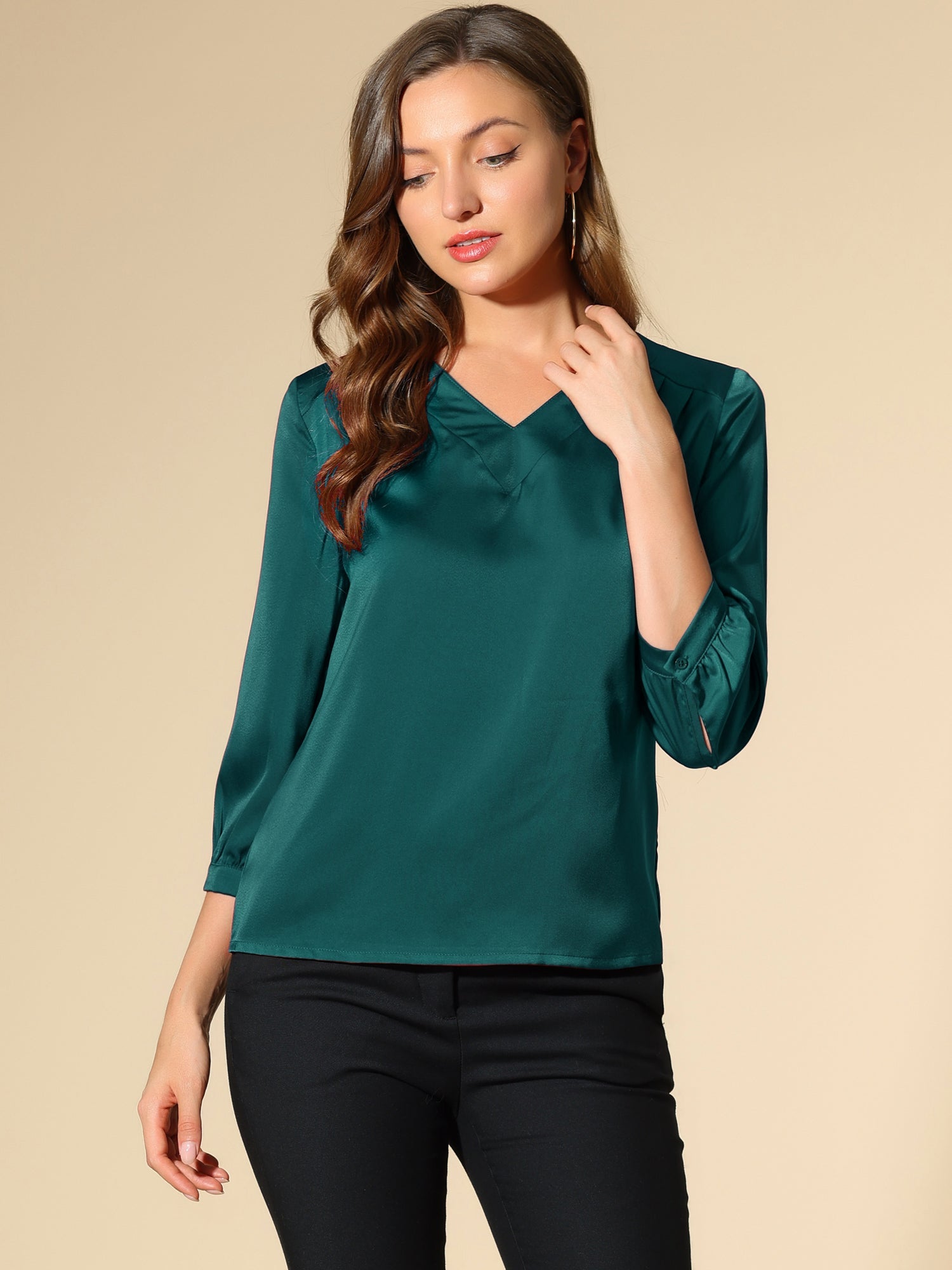 Casual Office Blouse 3/4 Sleeve V Neck Satin Shirt