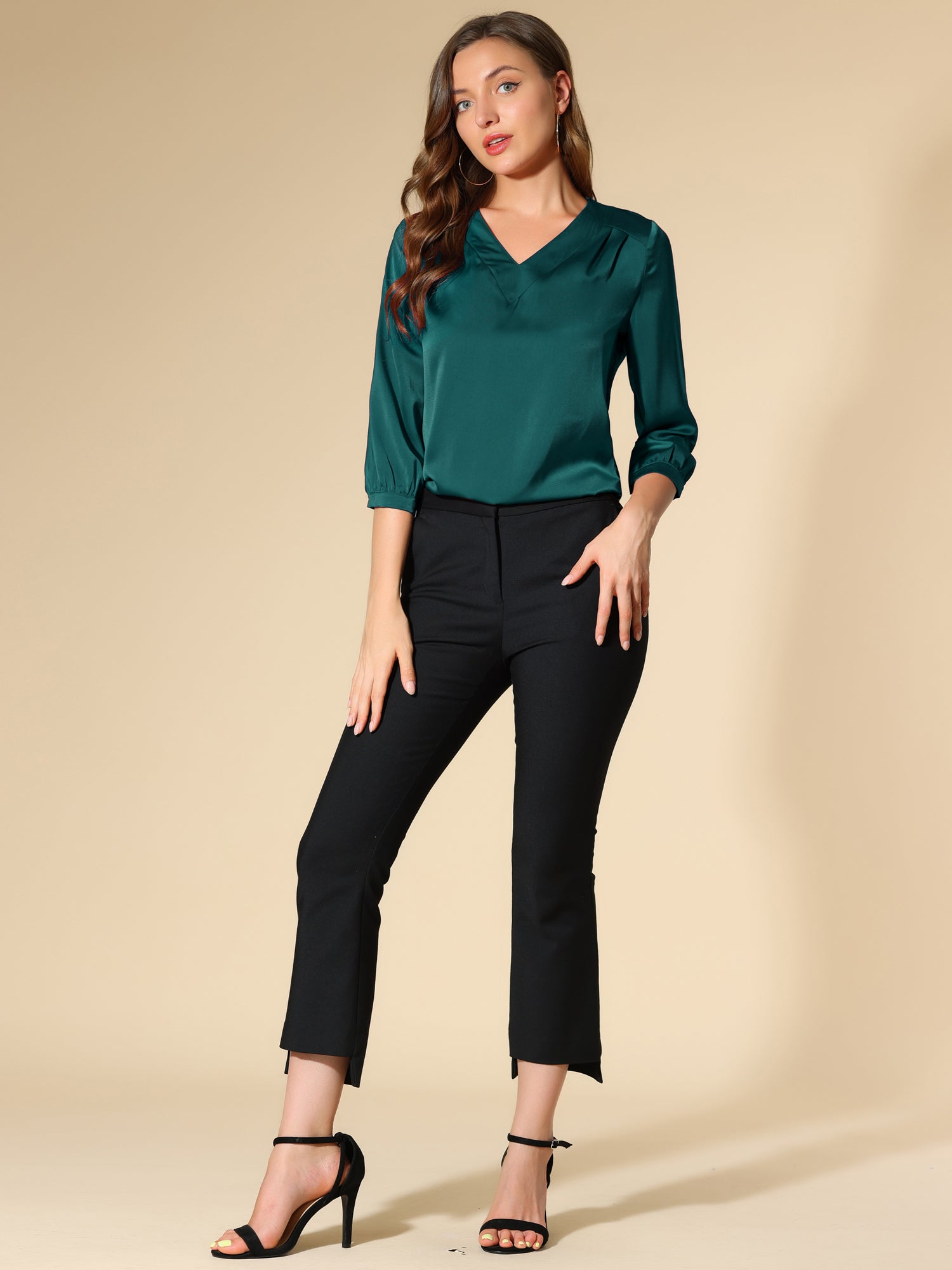 Casual Office Blouse 3/4 Sleeve V Neck Satin Shirt