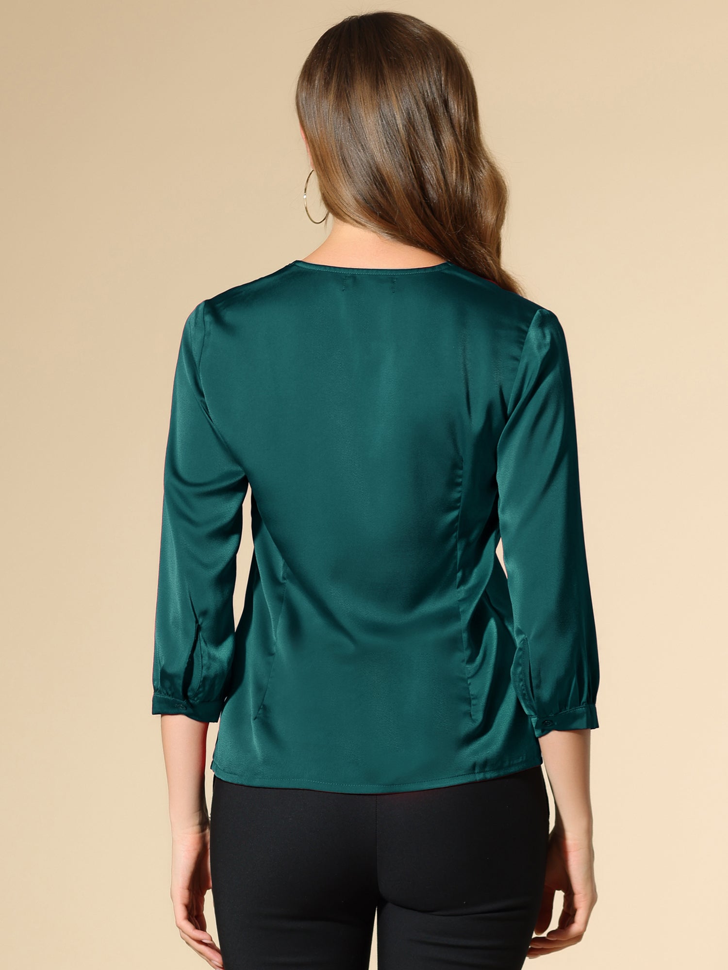 Casual Office Blouse 3/4 Sleeve V Neck Satin Shirt
