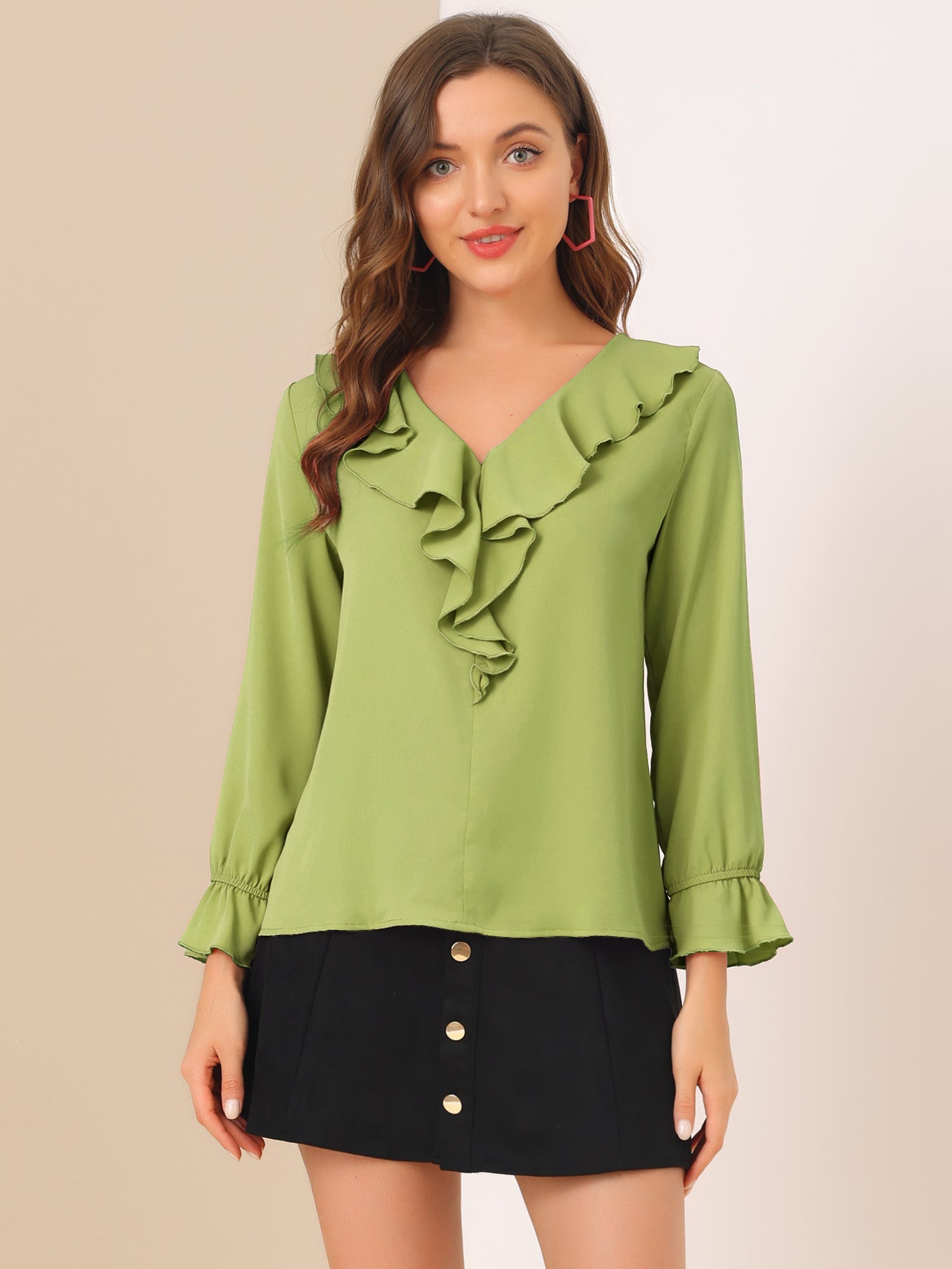 Ruffle Neck Gathered Cuff Long Sleeves Blouse