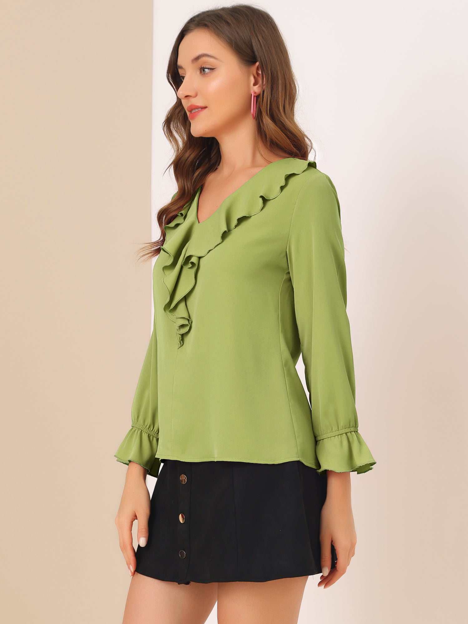 Ruffle Neck Gathered Cuff Long Sleeves Blouse
