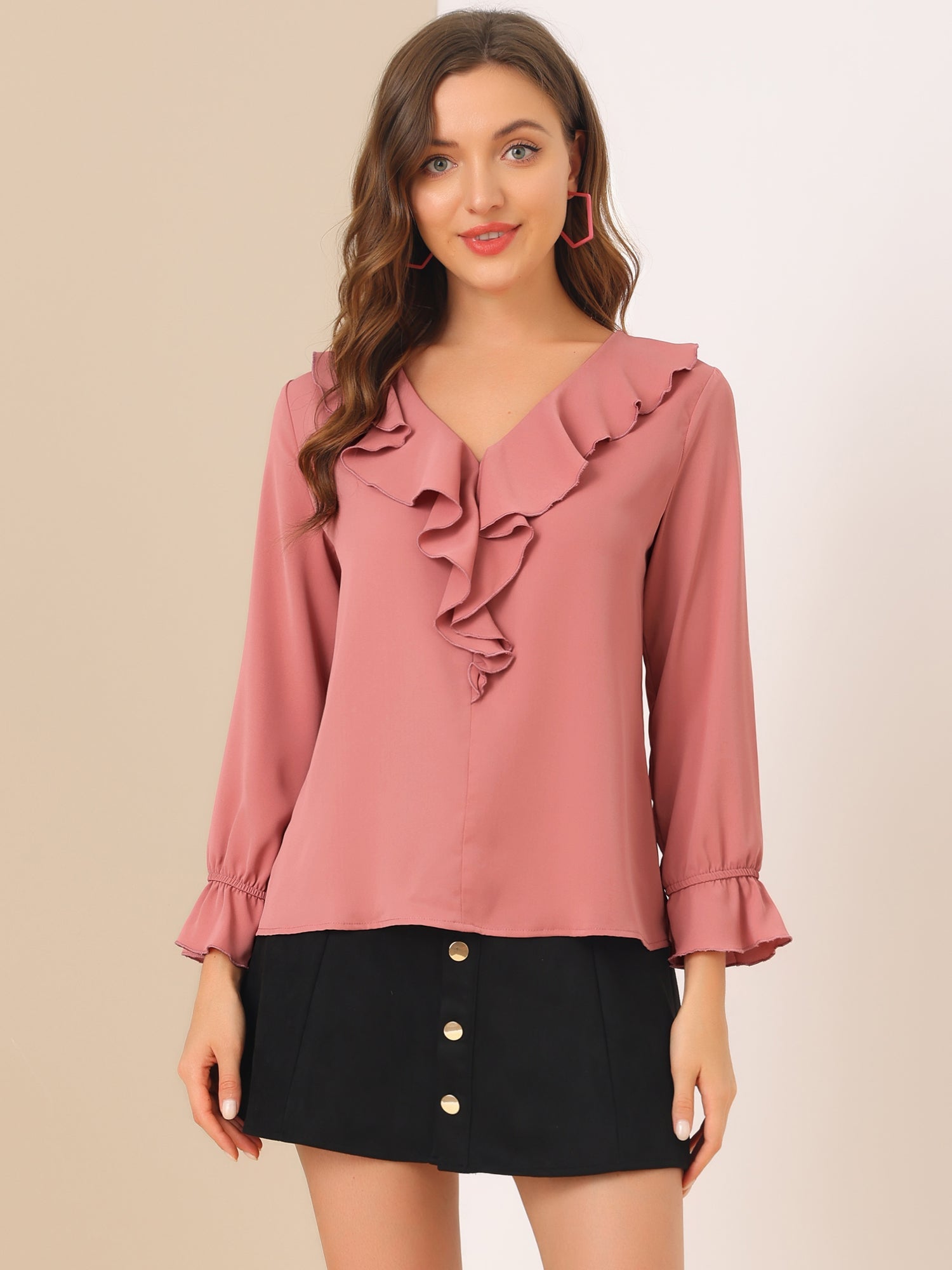 Ruffle Neck Gathered Cuff Long Sleeves Blouse