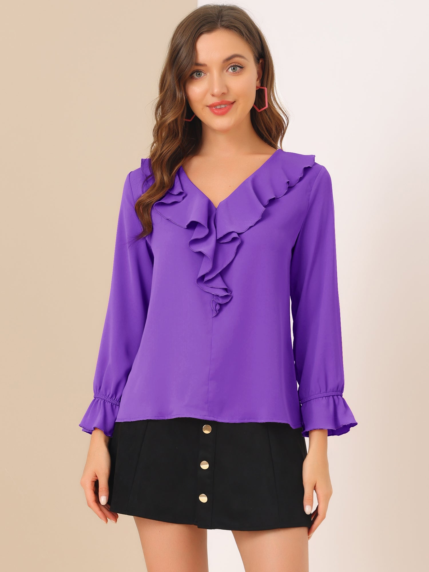 Ruffle Neck Gathered Cuff Long Sleeves Blouse