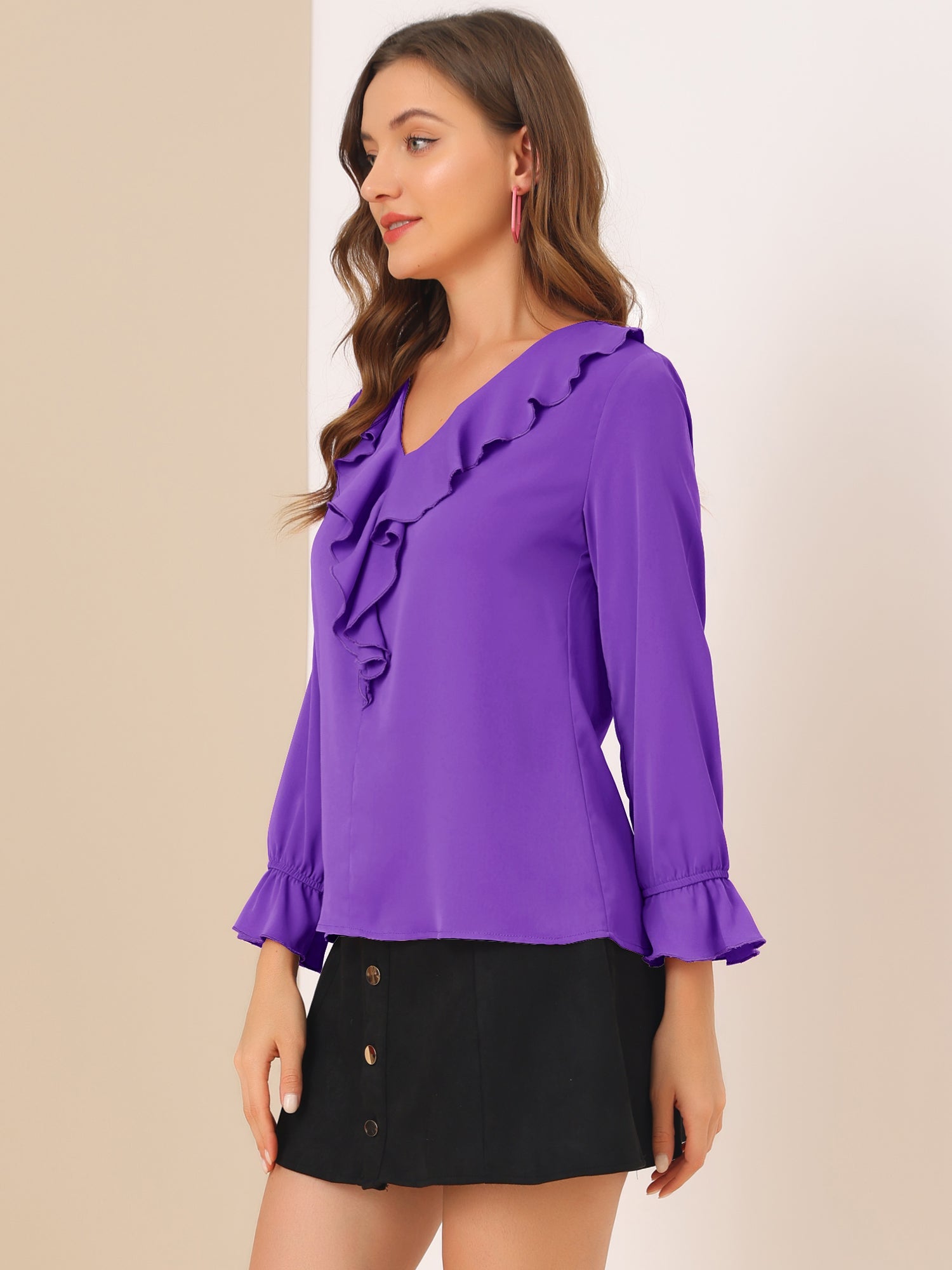 Ruffle Neck Gathered Cuff Long Sleeves Blouse