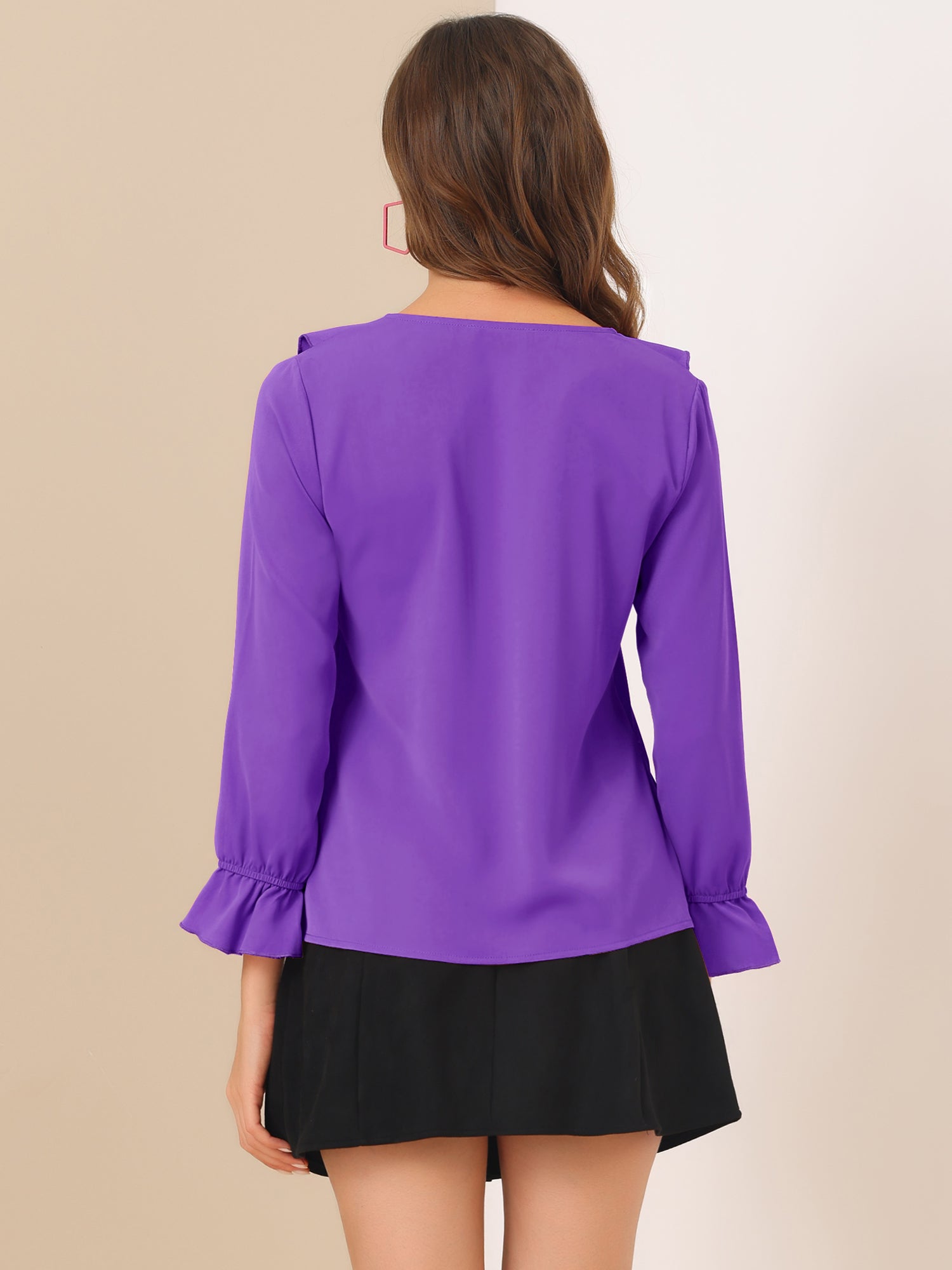 Ruffle Neck Gathered Cuff Long Sleeves Blouse