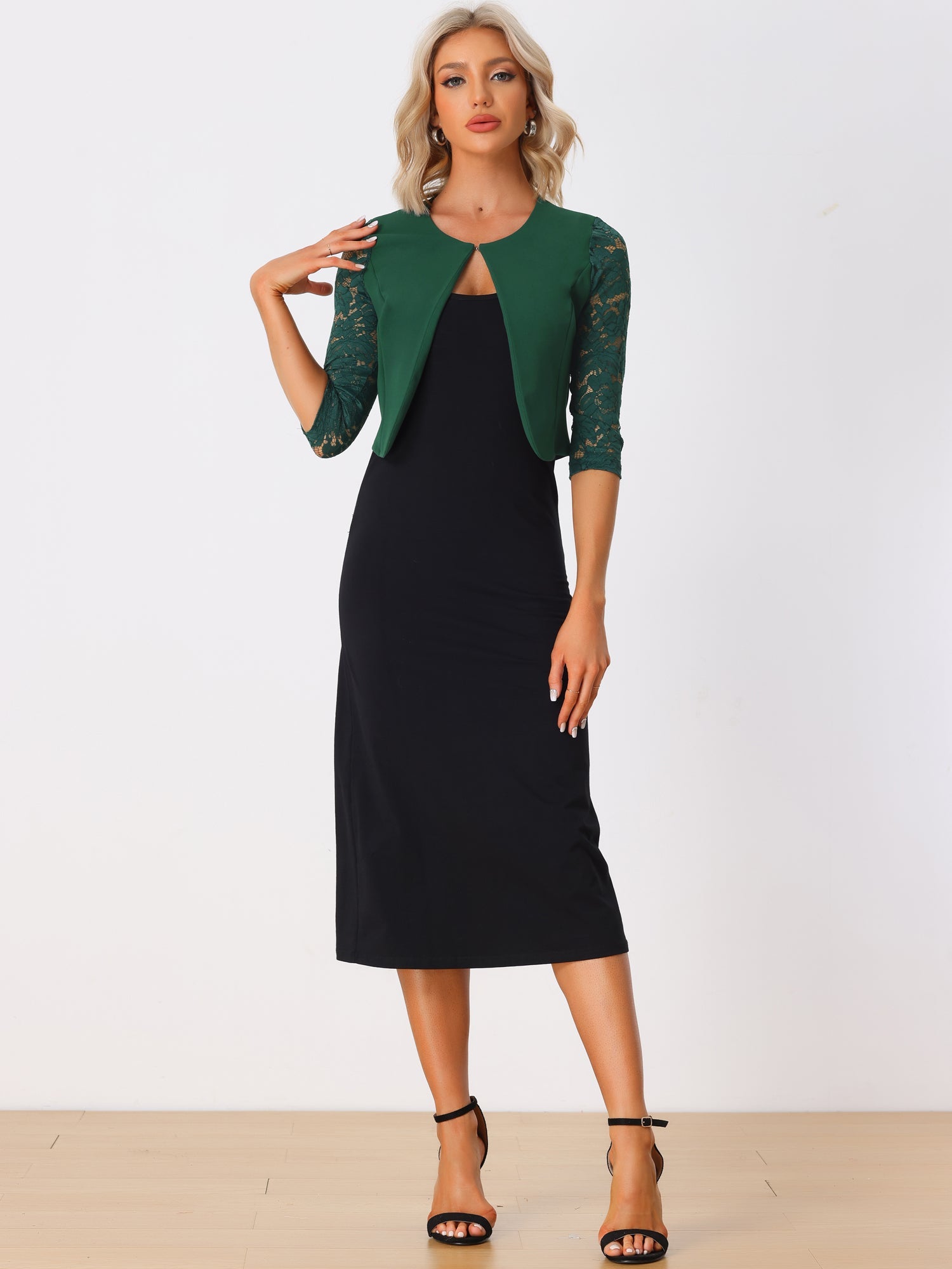 3/4 Sleeve Floral Lace Open Front Office Bolero Shrug
