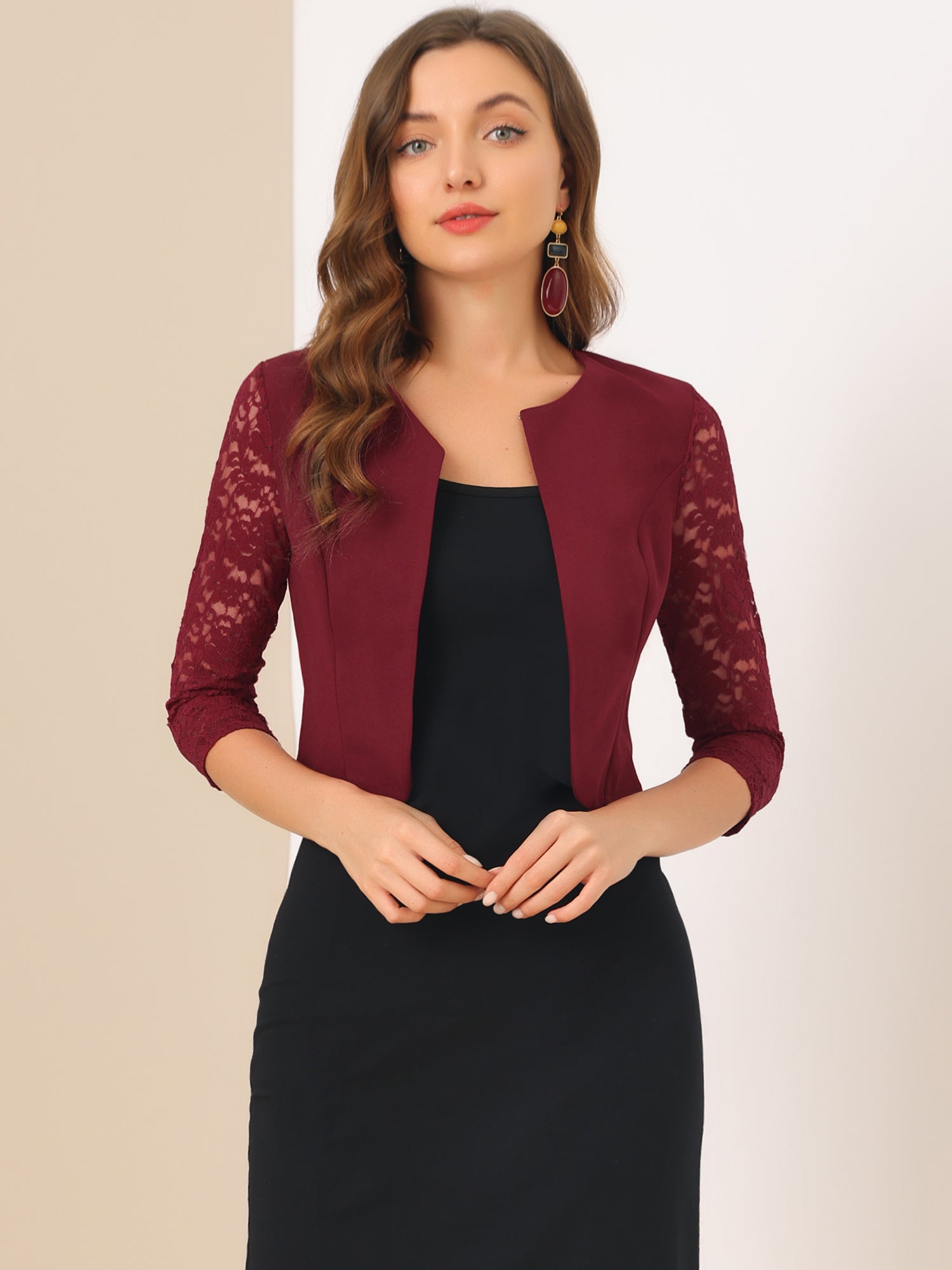 3/4 Sleeve Floral Lace Open Front Office Bolero Shrug
