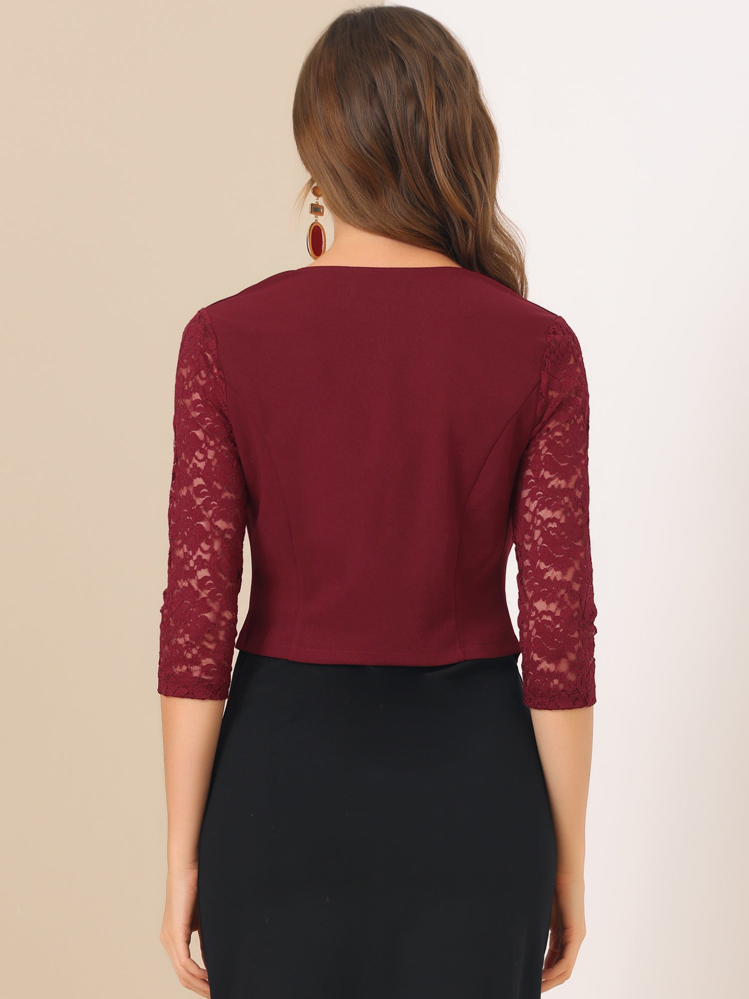 3/4 Sleeve Floral Lace Open Front Office Bolero Shrug