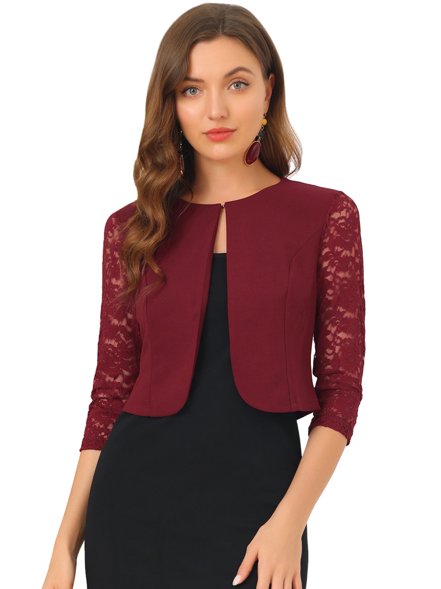 3/4 Sleeve Floral Lace Open Front Office Bolero Shrug