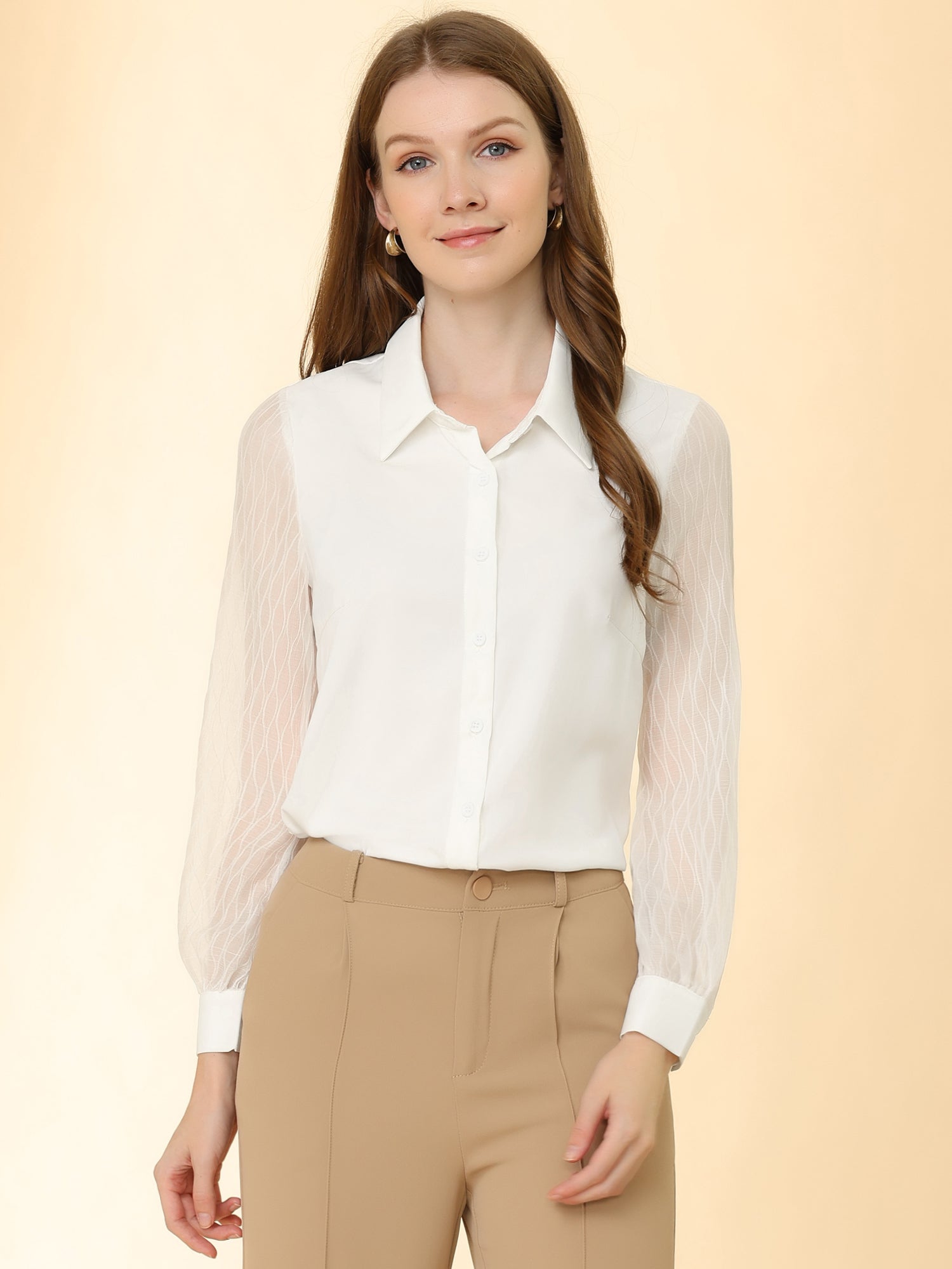 Button Down Shirt Sheer Sleeve Point Collar Work Tops