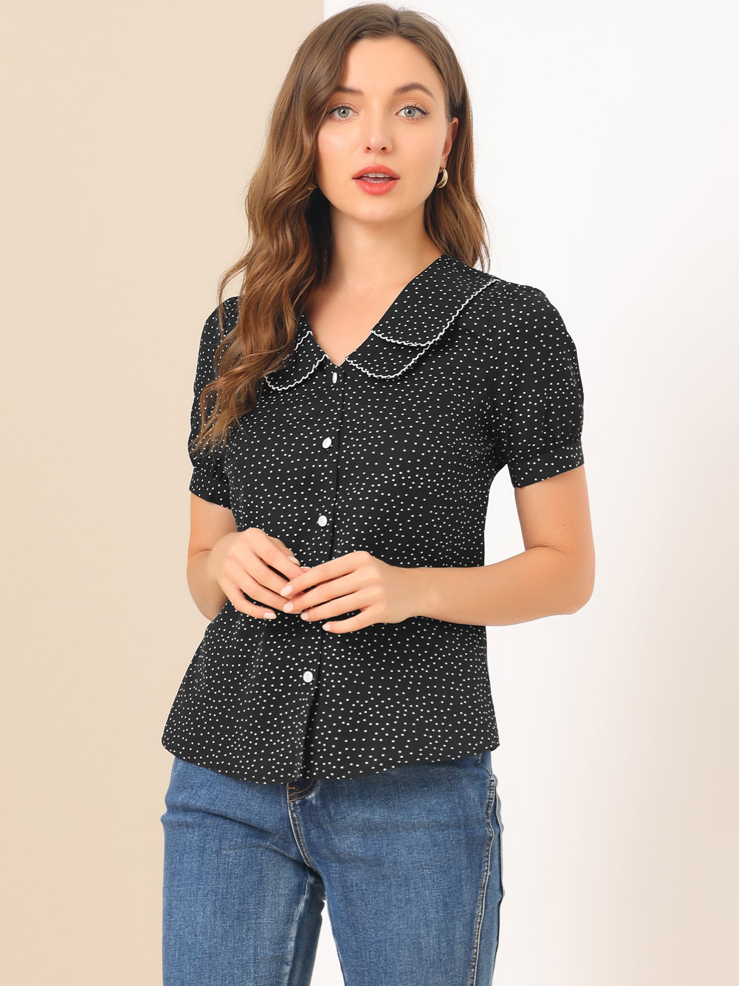 Polka Dot Peter Pan Collar Rockabilly Puff Short Sleeve Shirt