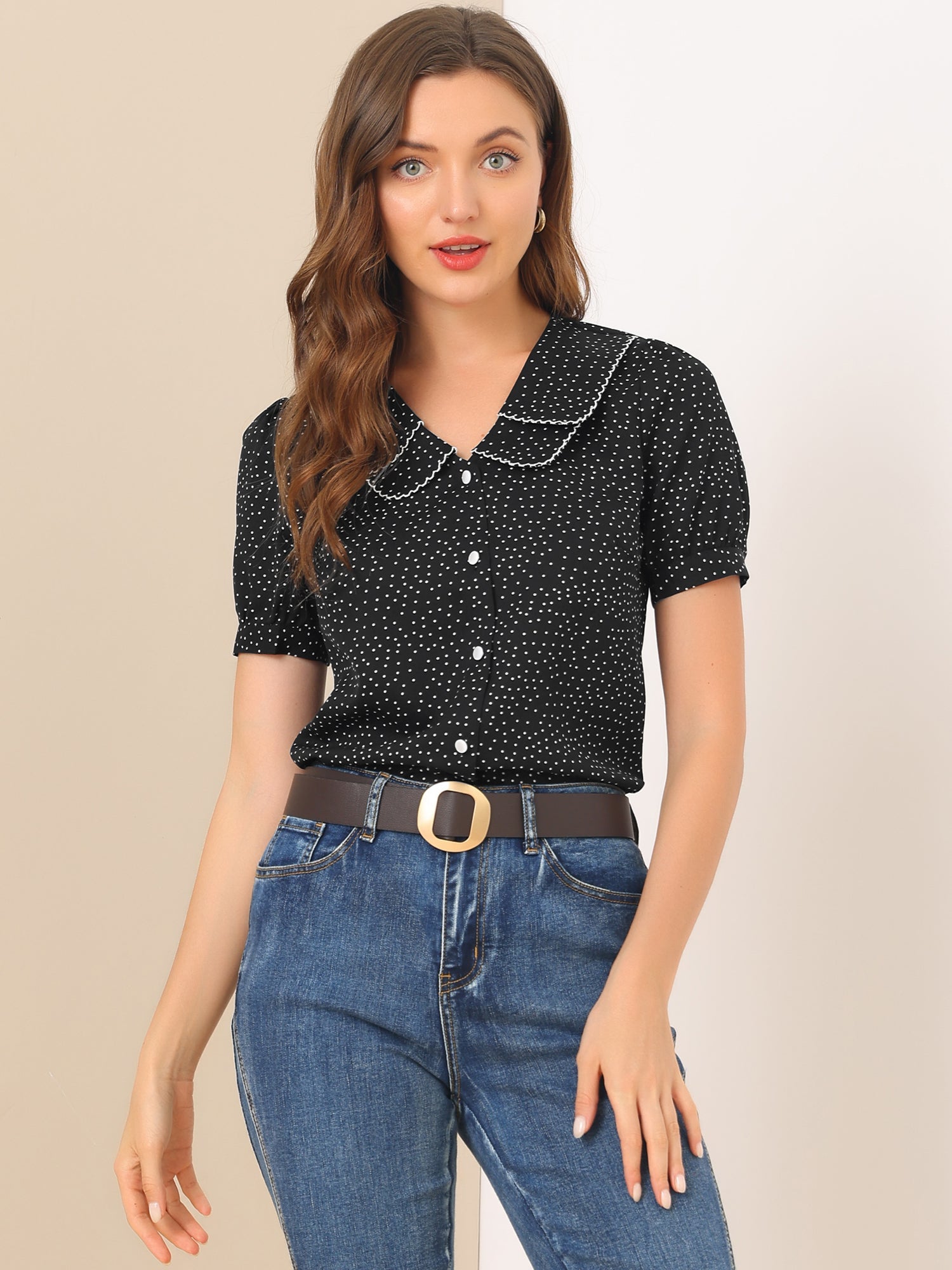 Polka Dot Peter Pan Collar Rockabilly Puff Short Sleeve Shirt