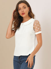 Peter Pan Collar Puff Mesh Short Sleeve Polka Dot Blouse