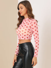 Semi-Sheer Sexy Heart Mesh Crop Top Long Sleeve Blouse