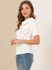 Peter Pan Collar Swiss Dots Short Sleeve Button Front Shirt Blouse