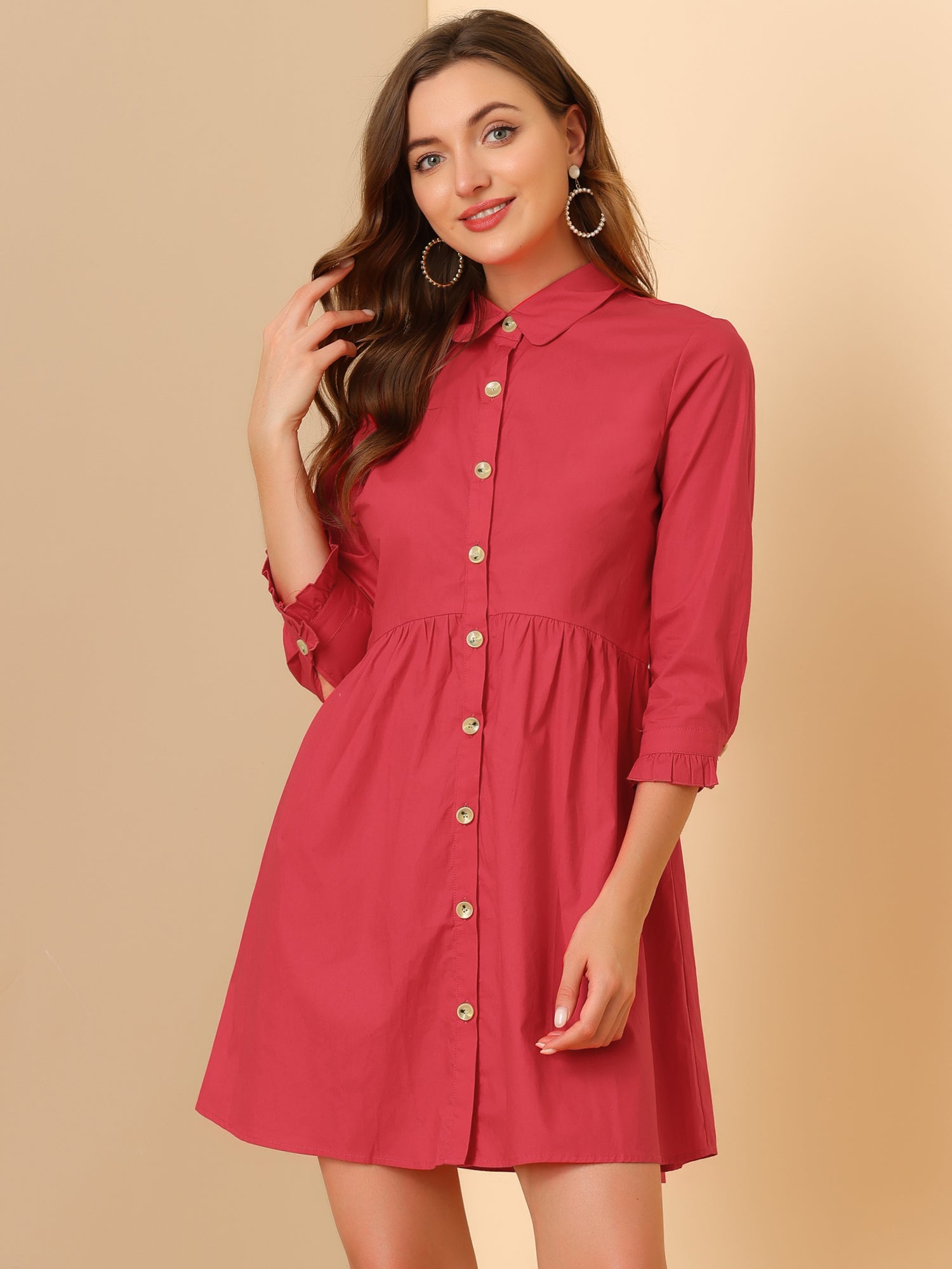Ruched 3/4 Sleeve Button Up Casual Mini Shirt Dress