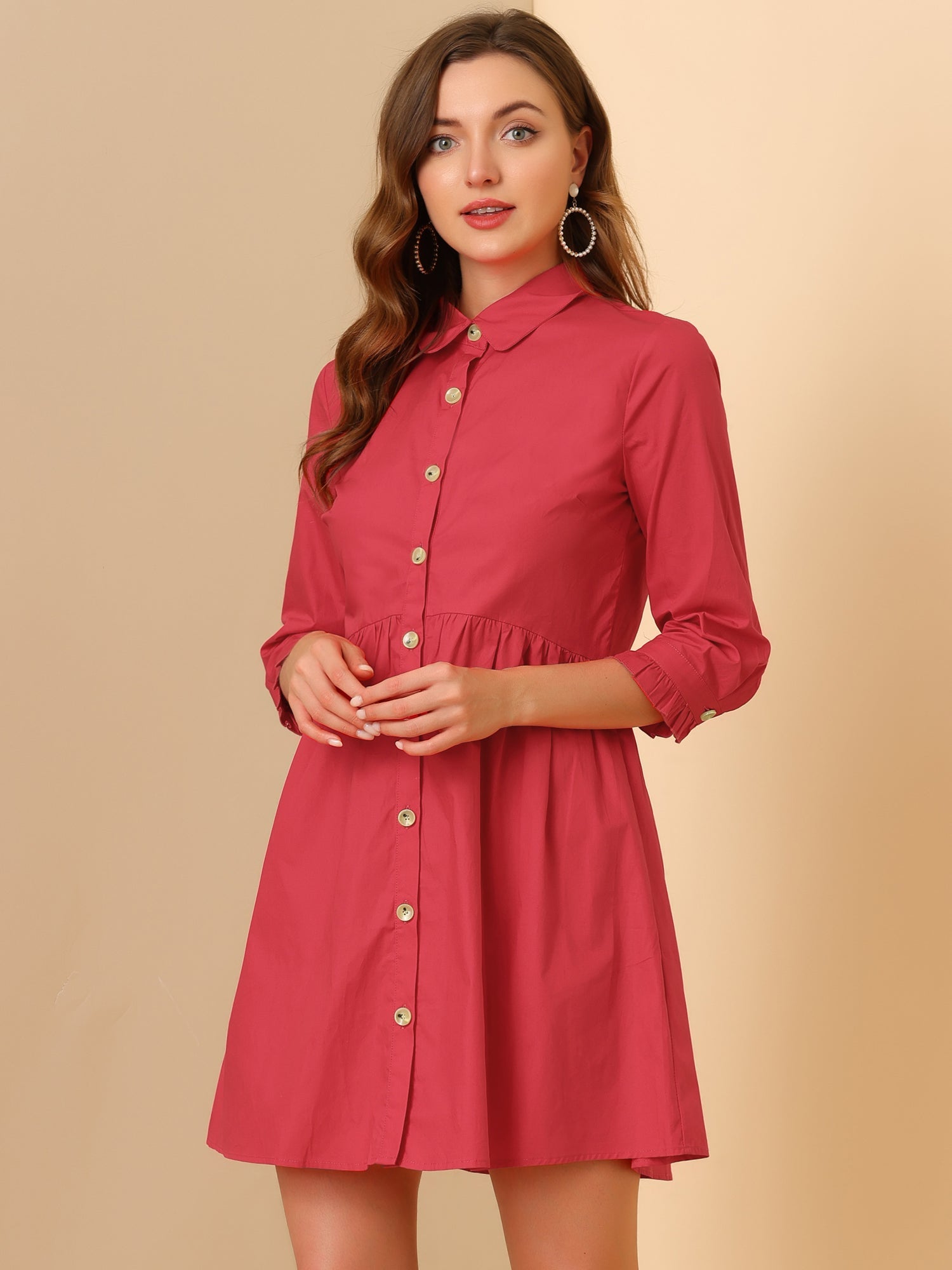 Ruched 3/4 Sleeve Button Up Casual Mini Shirt Dress