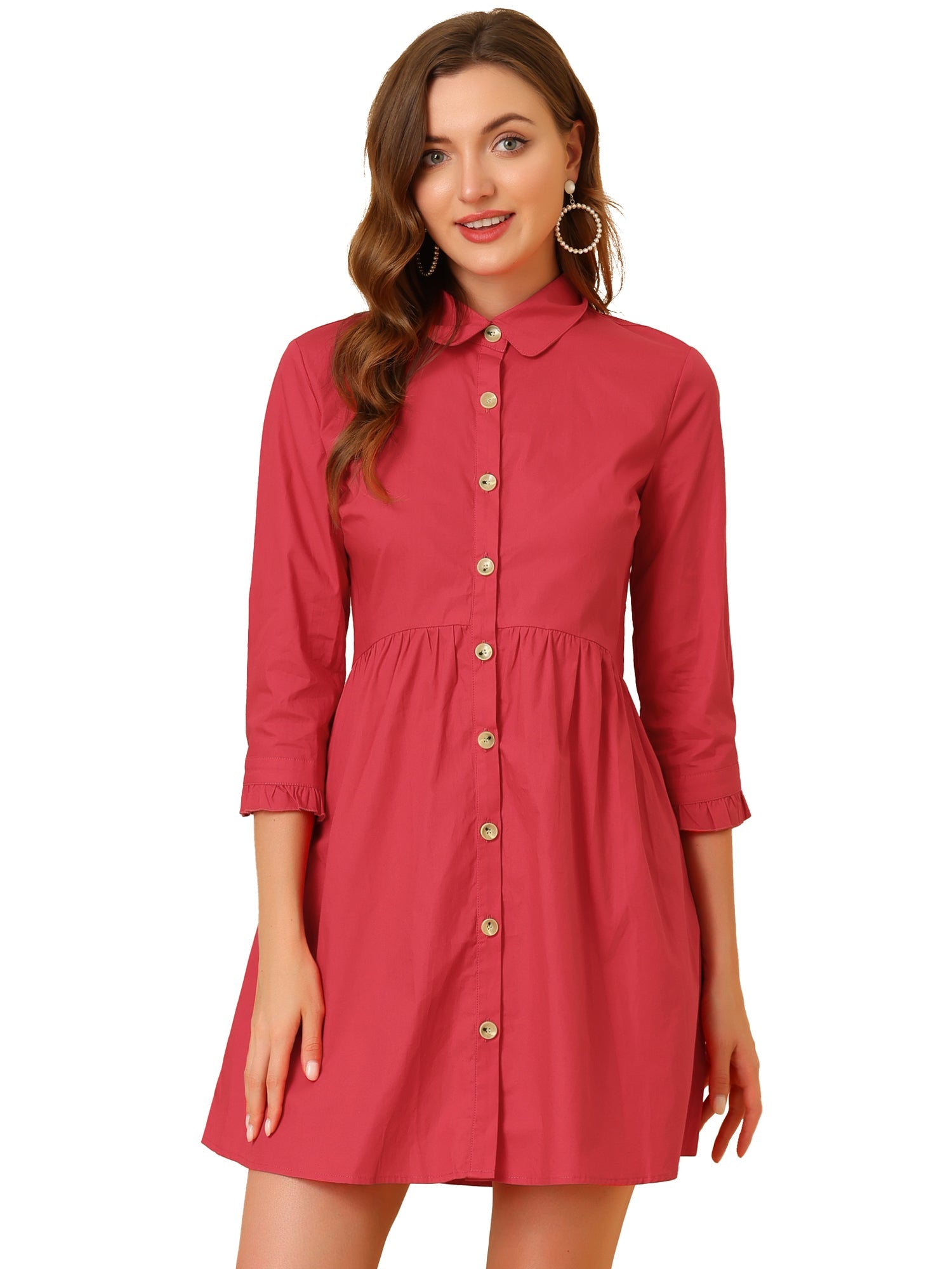 Ruched 3/4 Sleeve Button Up Casual Mini Shirt Dress