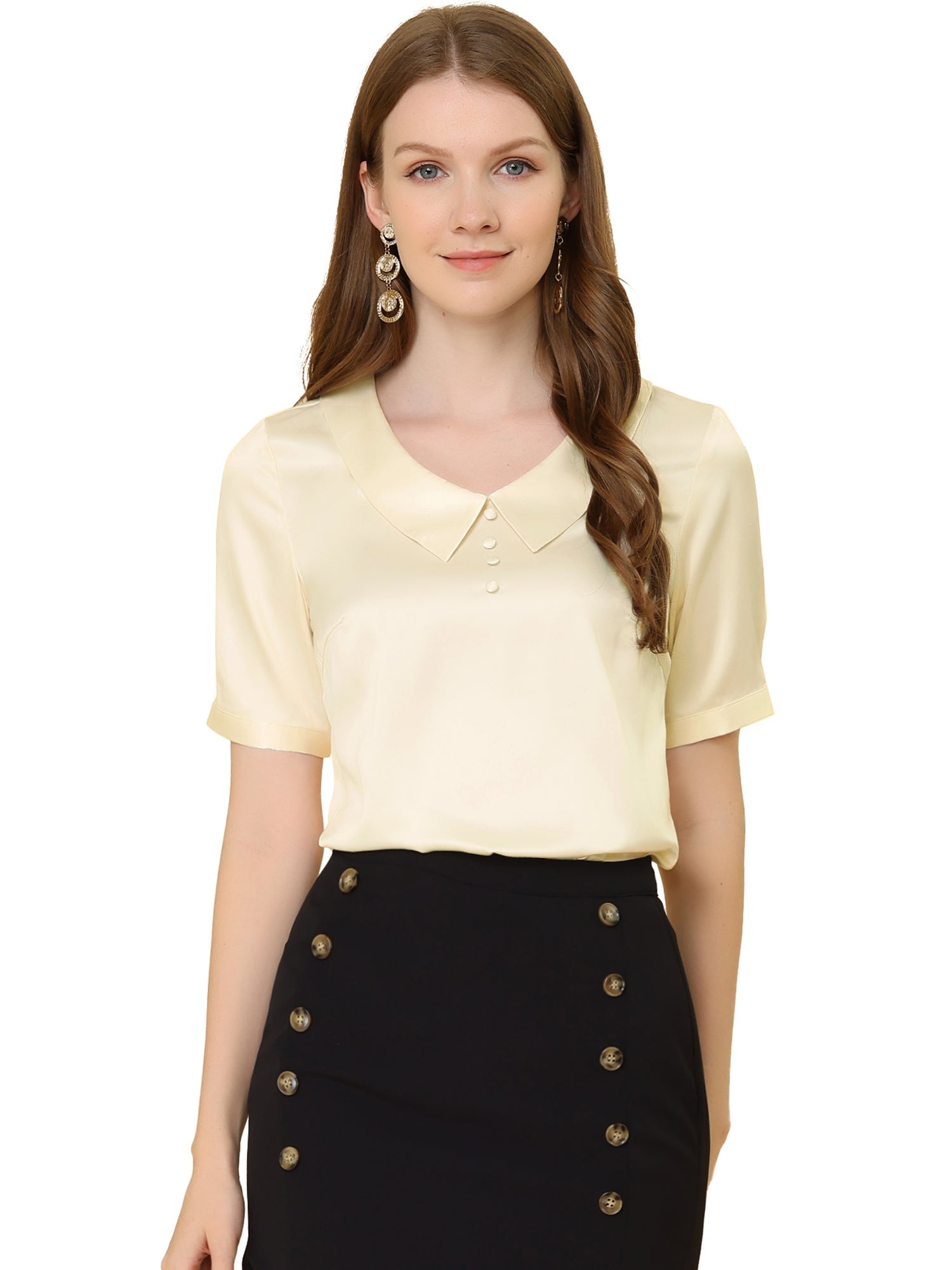 Work Top Turndown Collar Button Decor Short Sleeve Satin Blouse