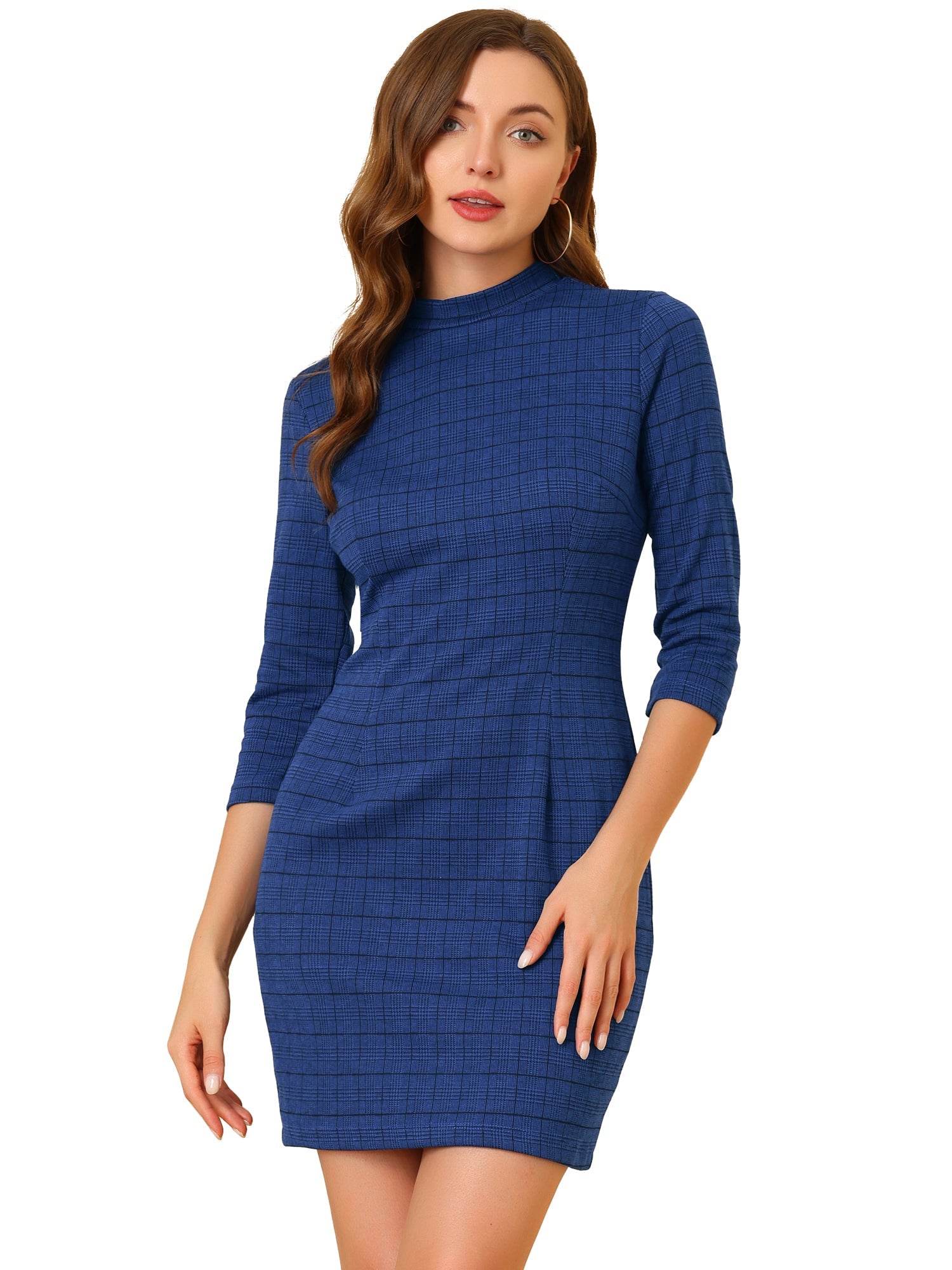 Mock Neck 3/4 Sleeve Slim Check Office Work Plaid Dress