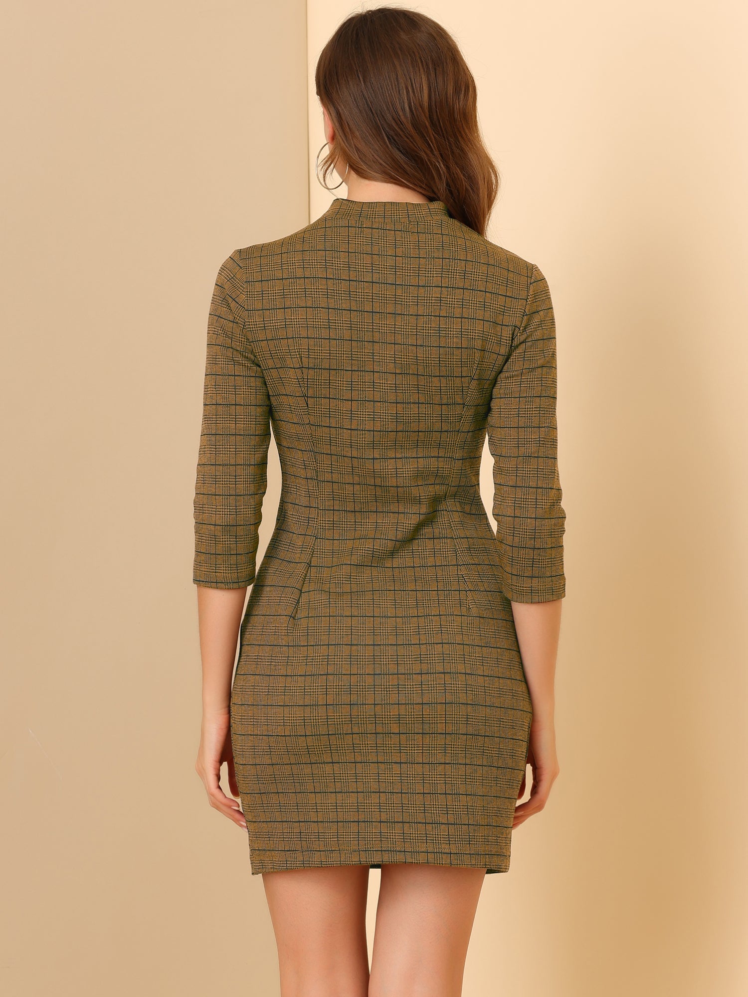 Mock Neck 3/4 Sleeve Slim Check Office Work Plaid Dress