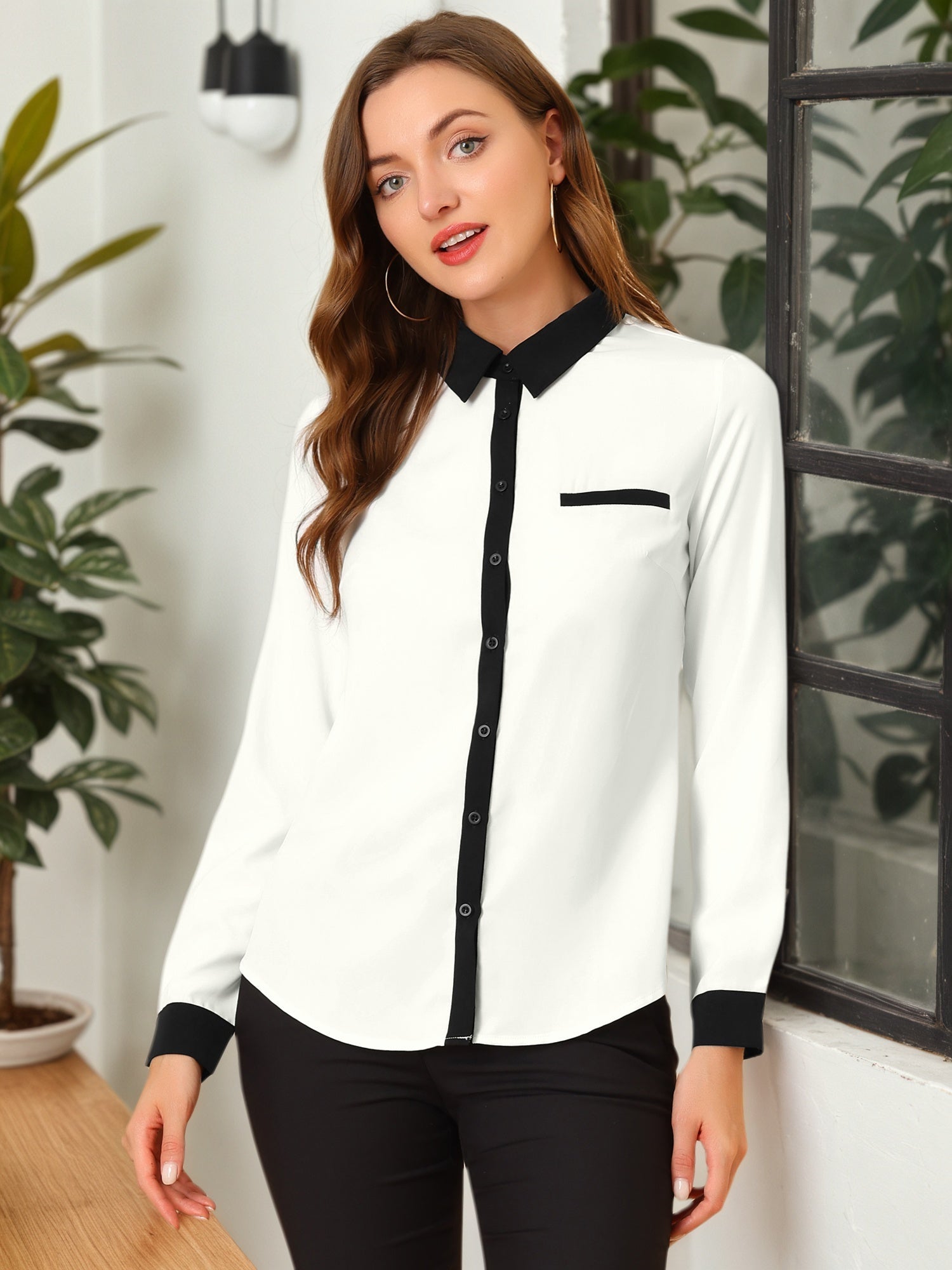 Contrast Collar Shirt Chiffon Long Sleeve Work Office Blouse