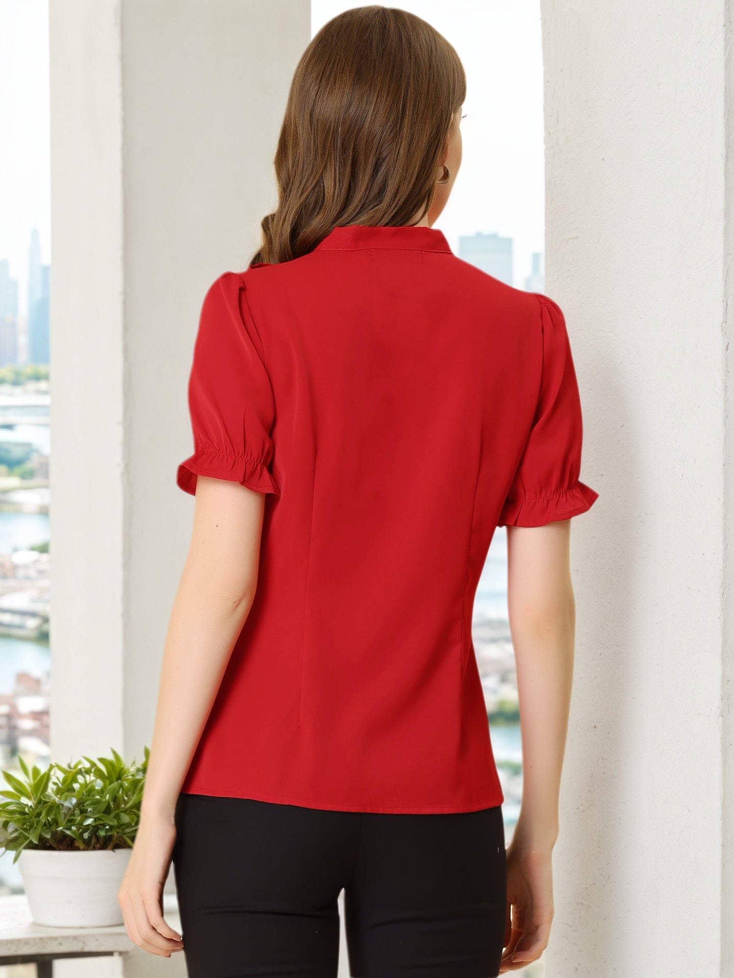 Bow Tie Neck Elegant Office Short Sleeve Blouse