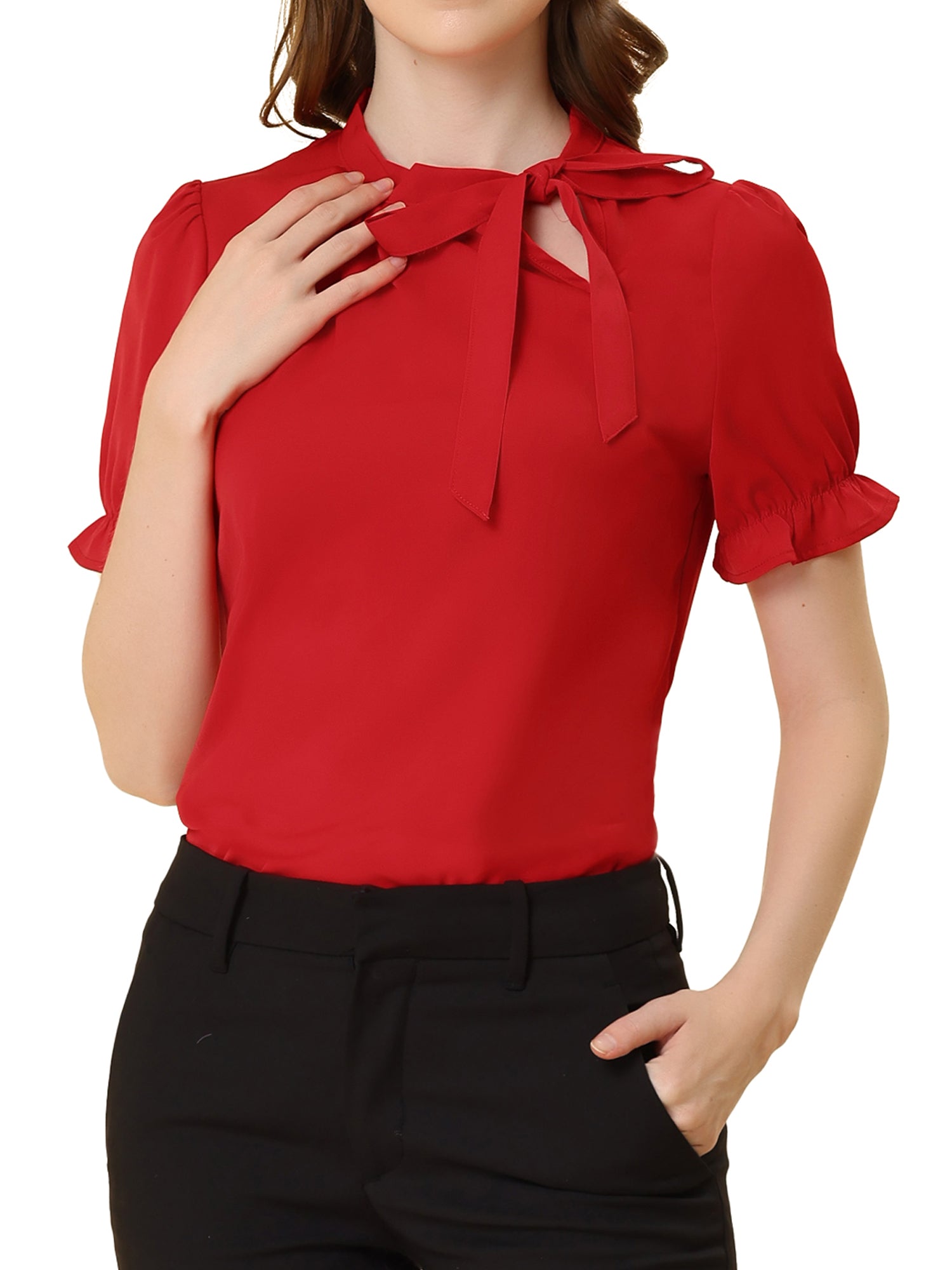 Bow Tie Neck Elegant Office Short Sleeve Blouse