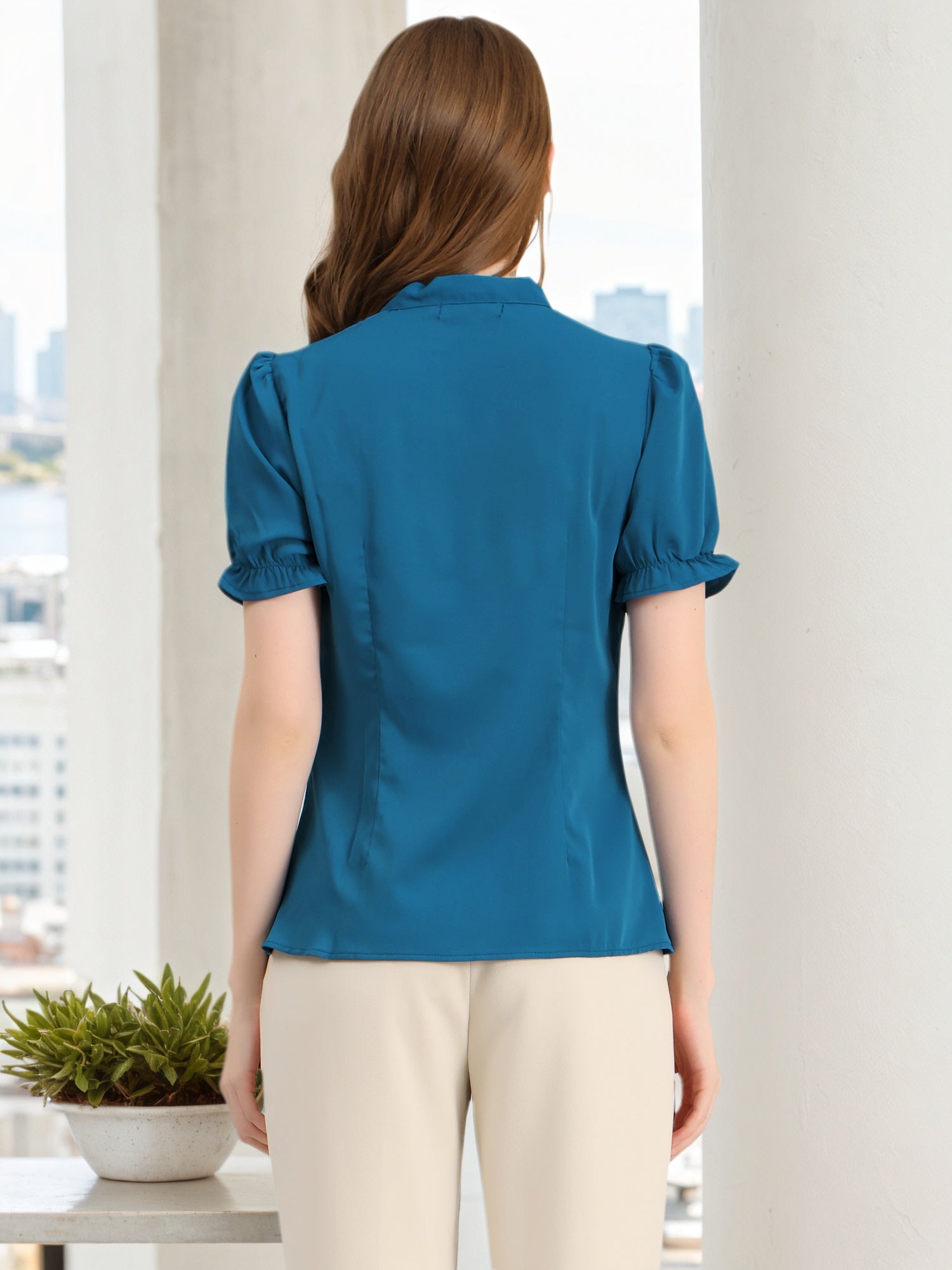 Bow Tie Neck Elegant Office Short Sleeve Blouse