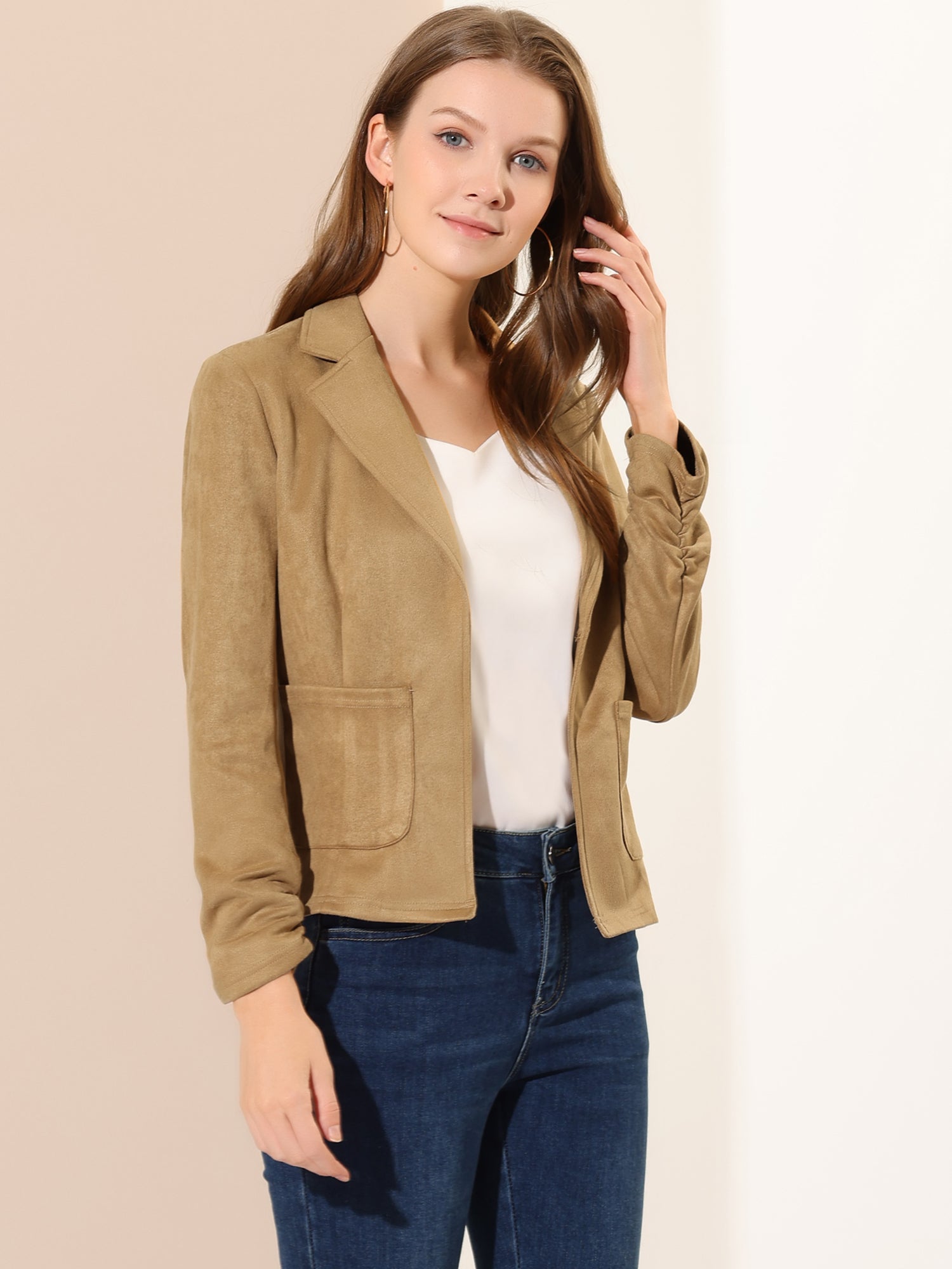 Long Sleeve Casual Open Front Drawstring Faux Suede Blazer