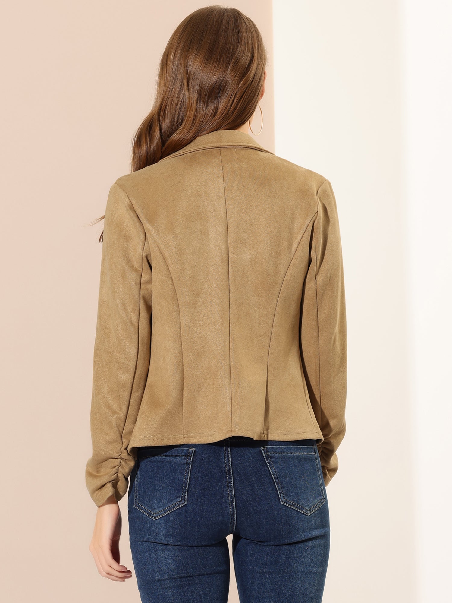 Long Sleeve Casual Open Front Drawstring Faux Suede Blazer