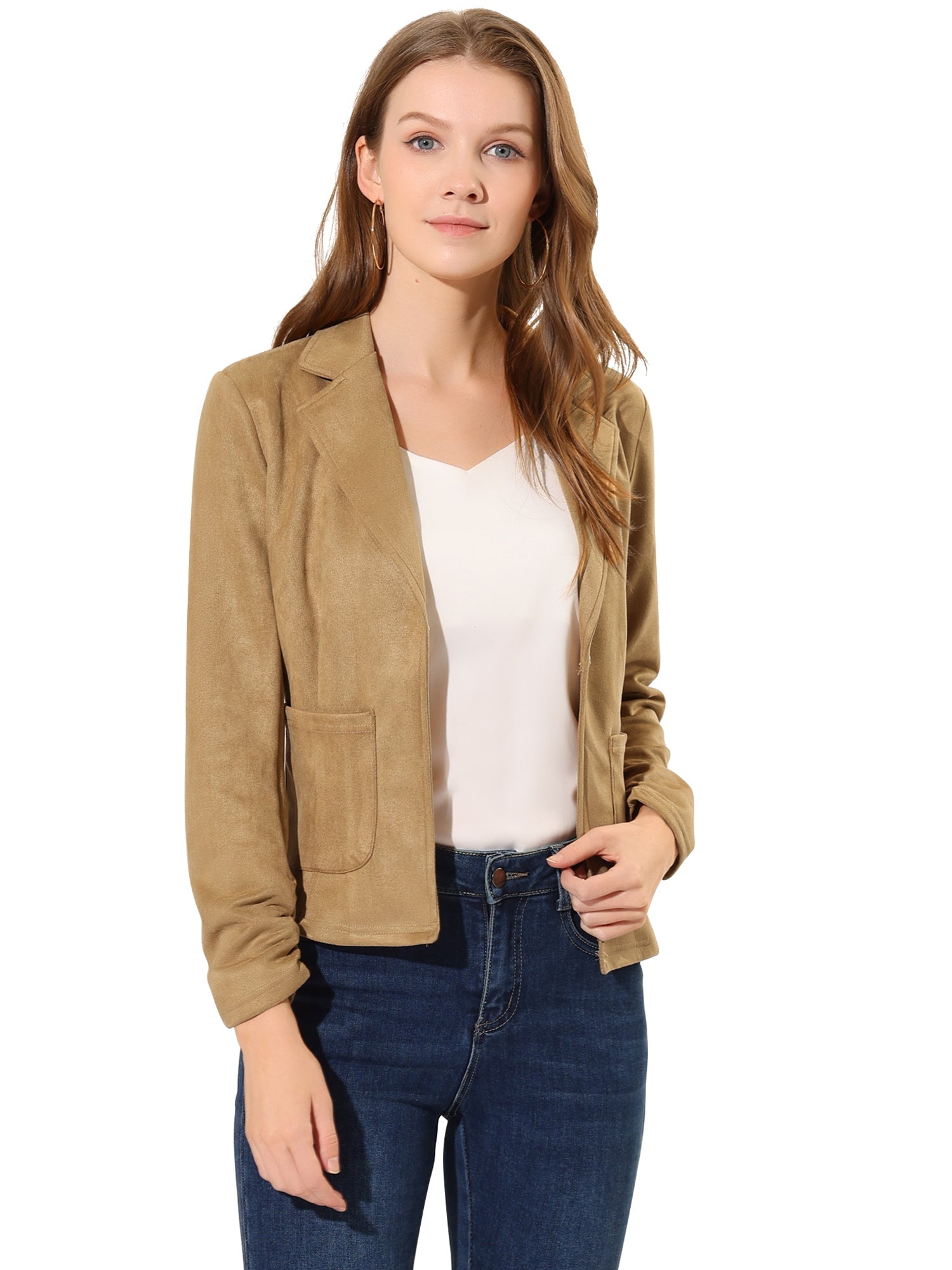 Long Sleeve Casual Open Front Drawstring Faux Suede Blazer