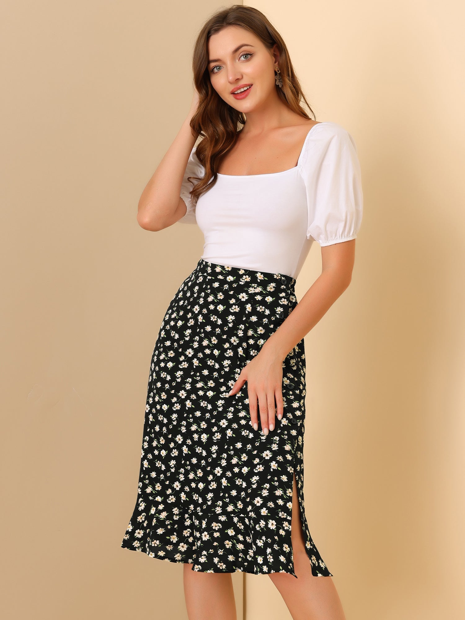 Floral Ruffle Elastic High Waist Button Flowy Split Midi Skirt